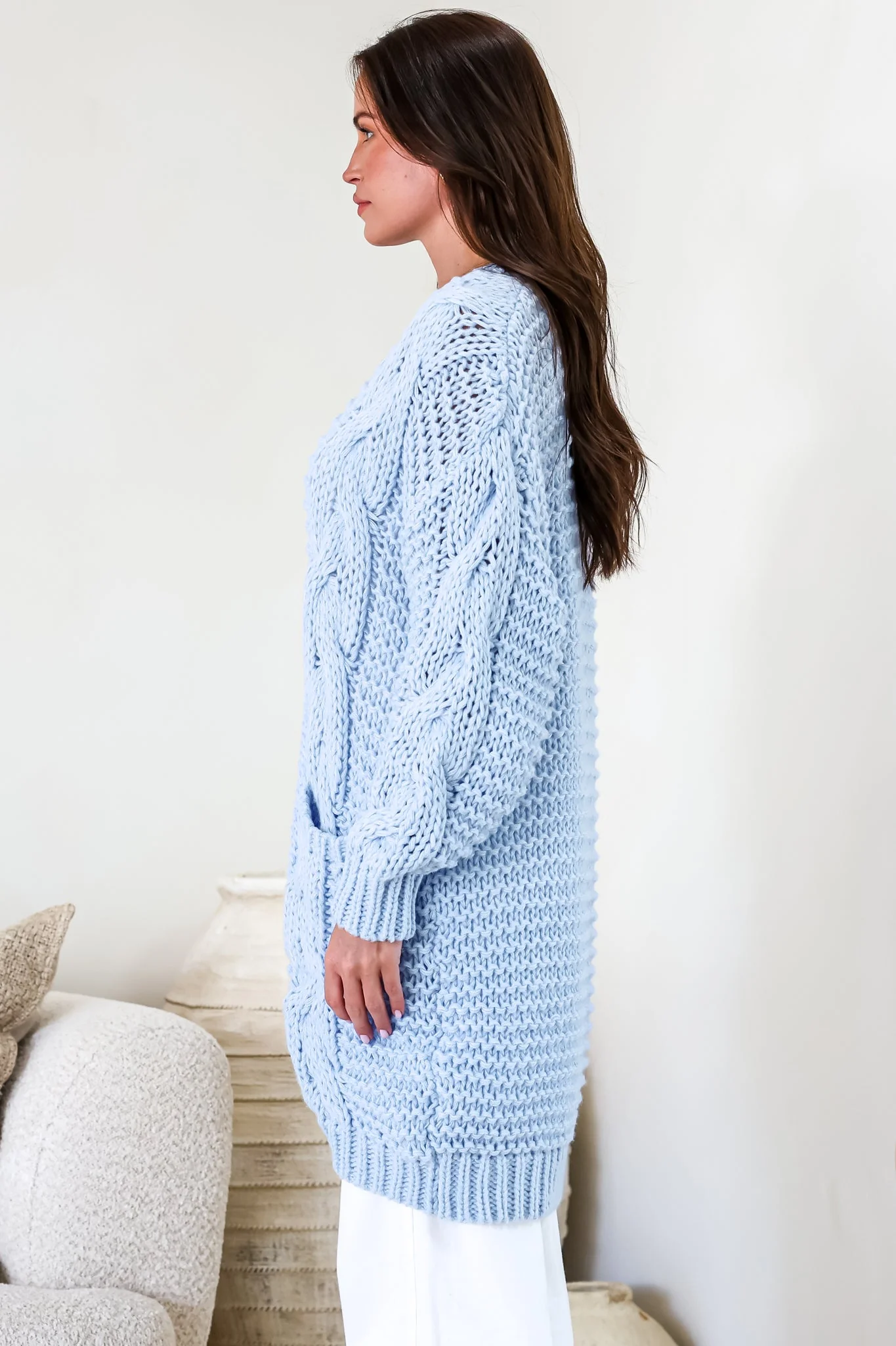 Beckett Cardigan - Open Front Chunky Cable Knit with Pockets in Powder Blue - Image 5
