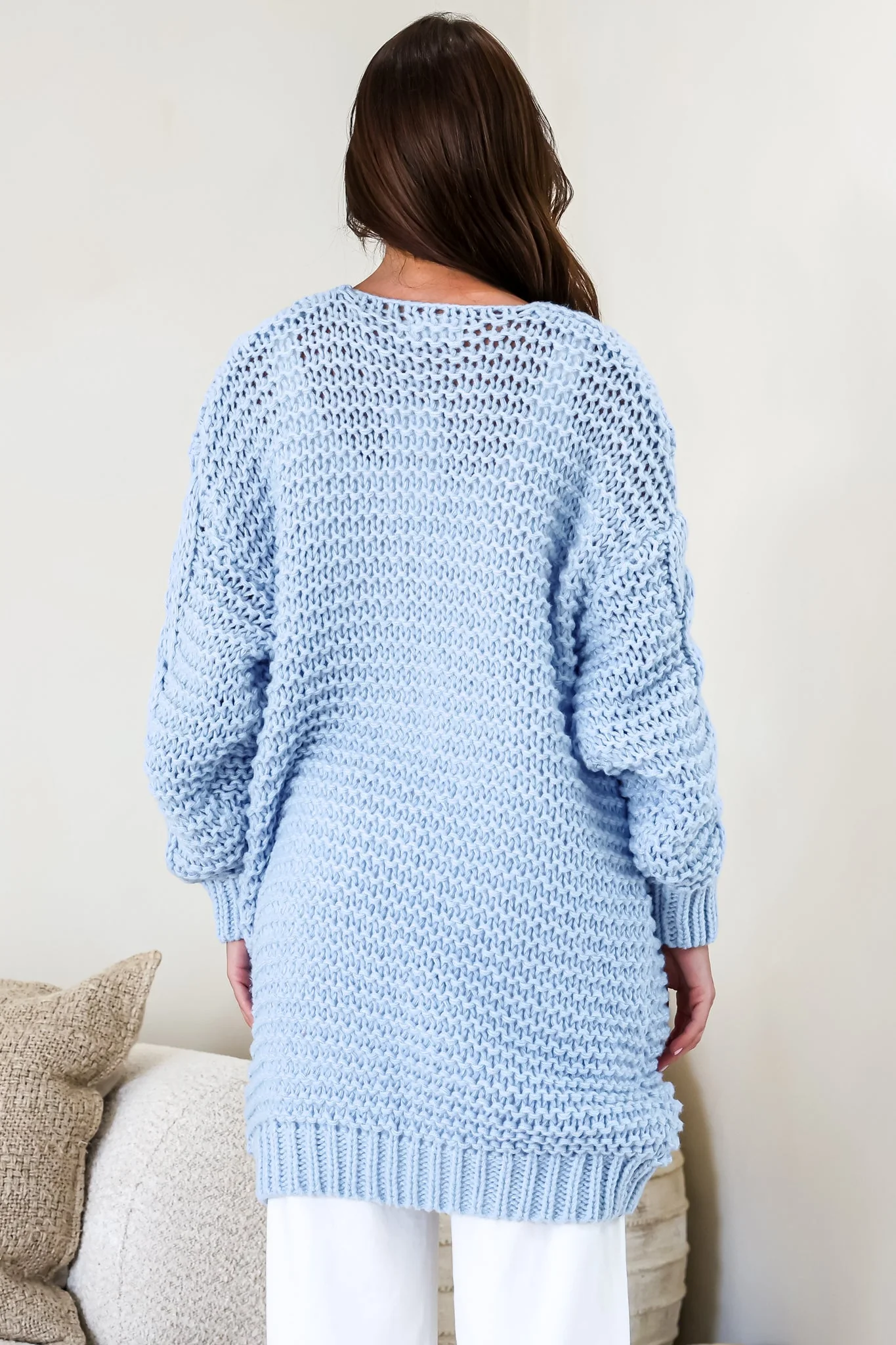 Beckett Cardigan - Open Front Chunky Cable Knit with Pockets in Powder Blue - Image 6
