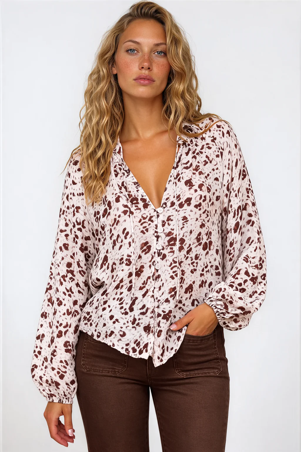 Bedella Top - Mandarin Collar Long Sleeve Button Front Blouse in Sima Print - Image 3