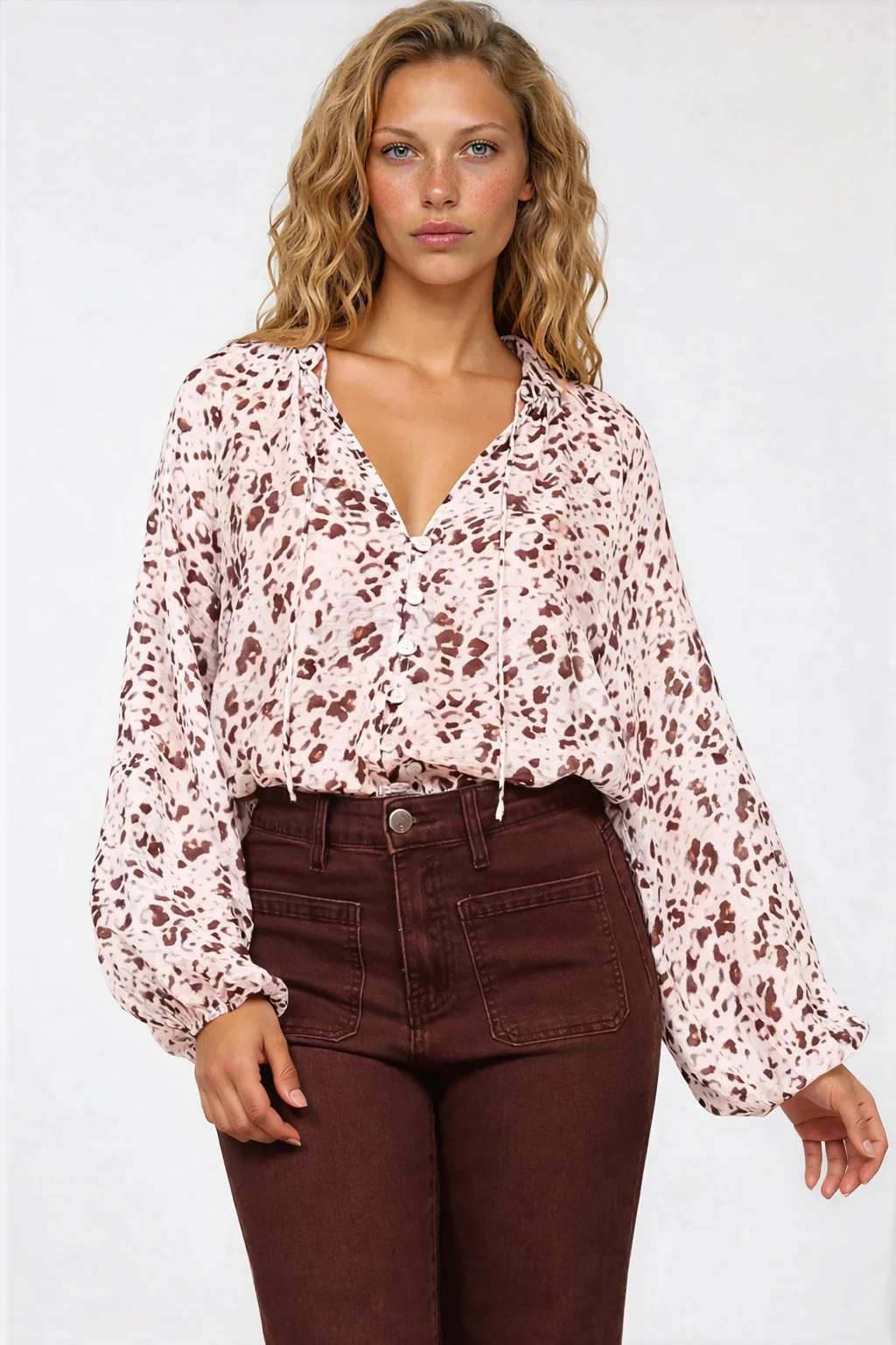 Bedella Top - Mandarin Collar Long Sleeve Button Front Blouse in Sima Print - Image 4