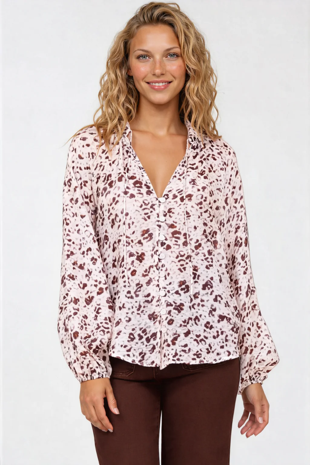Bedella Top - Mandarin Collar Long Sleeve Button Front Blouse in Sima Print - Image 5