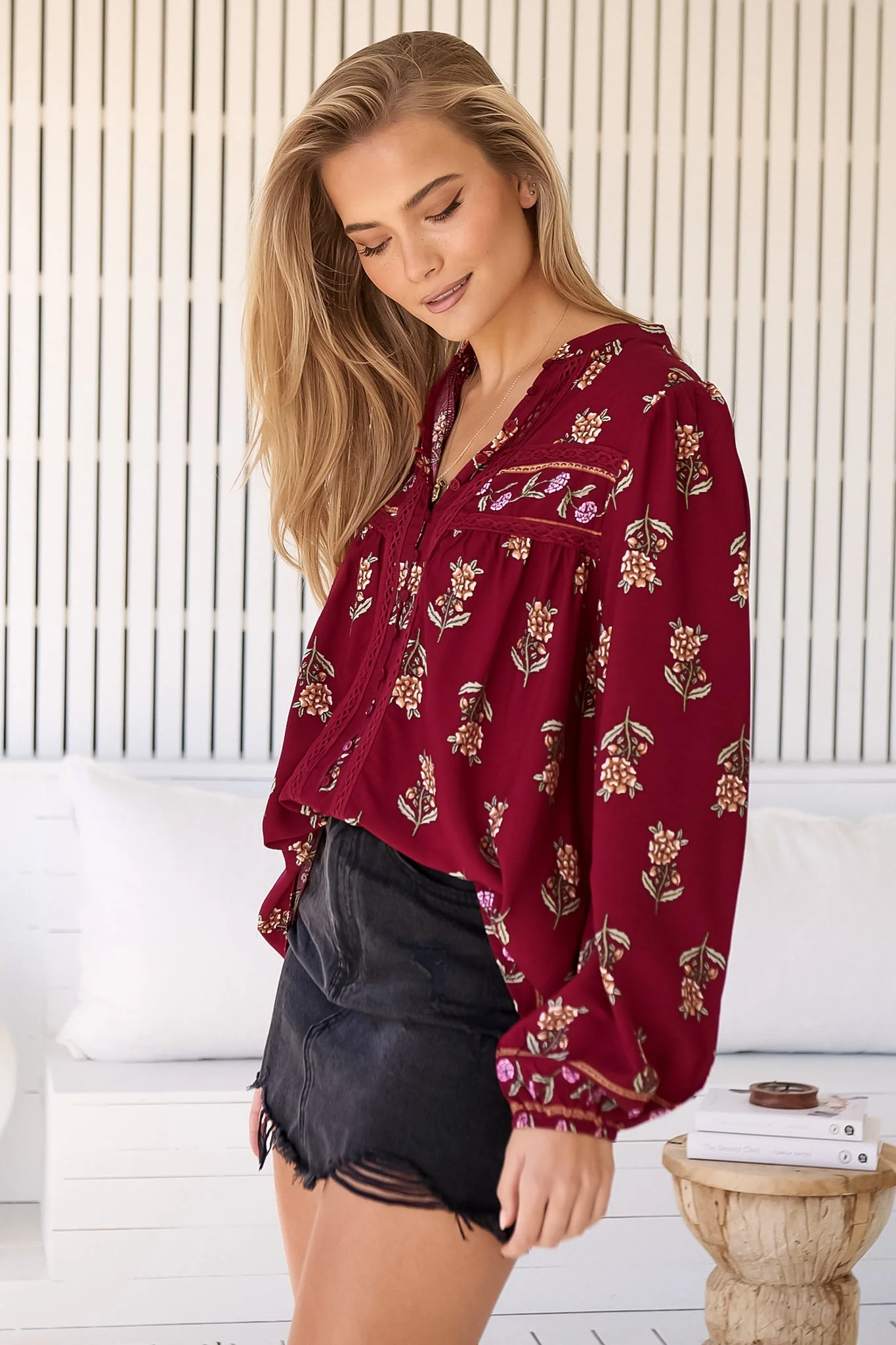 JAASE - Bee Blouse: Lace Decal Button Down Long Sleeve Blouse in Grenache Print - Image 10
