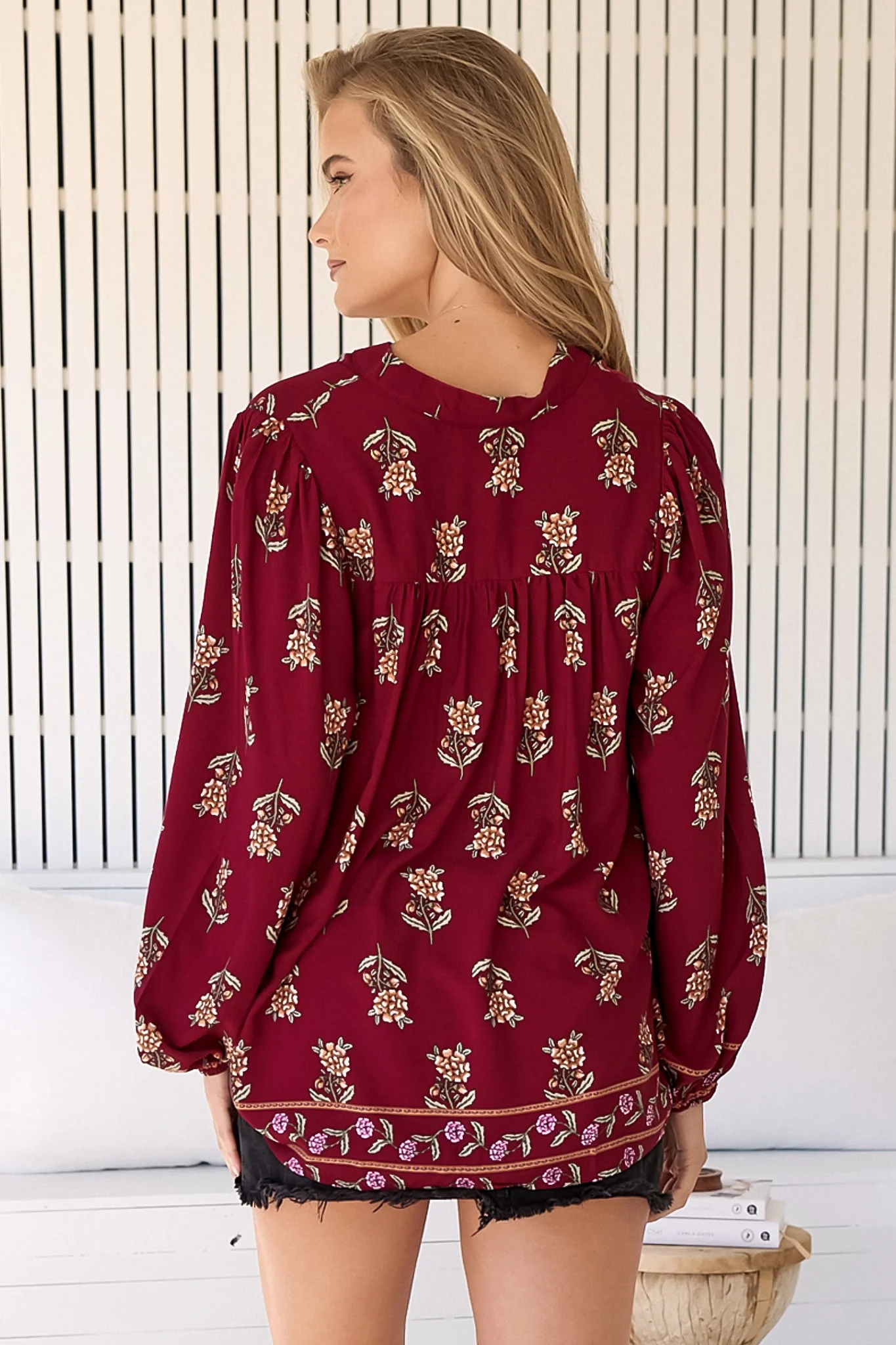 JAASE - Bee Blouse: Lace Decal Button Down Long Sleeve Blouse in Grenache Print - Image 11