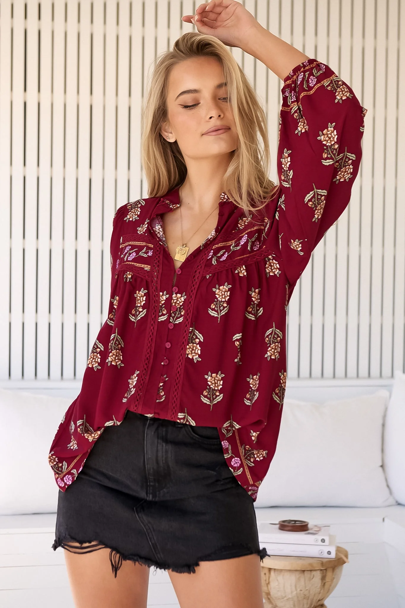JAASE - Bee Blouse: Lace Decal Button Down Long Sleeve Blouse in Grenache Print - Image 2