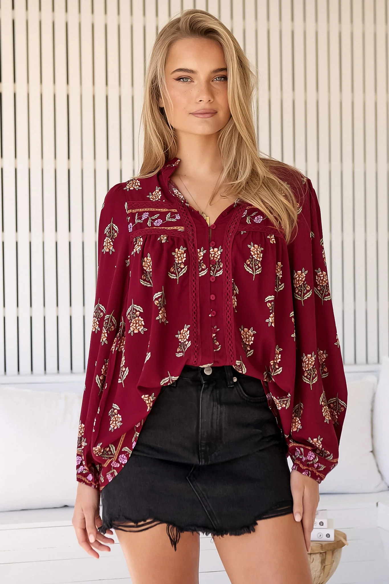 JAASE - Bee Blouse: Lace Decal Button Down Long Sleeve Blouse in Grenache Print - Image 5