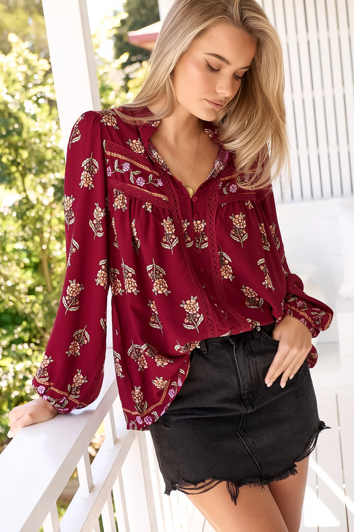 JAASE - Bee Blouse: Lace Decal Button Down Long Sleeve Blouse in Grenache Print - Image 6