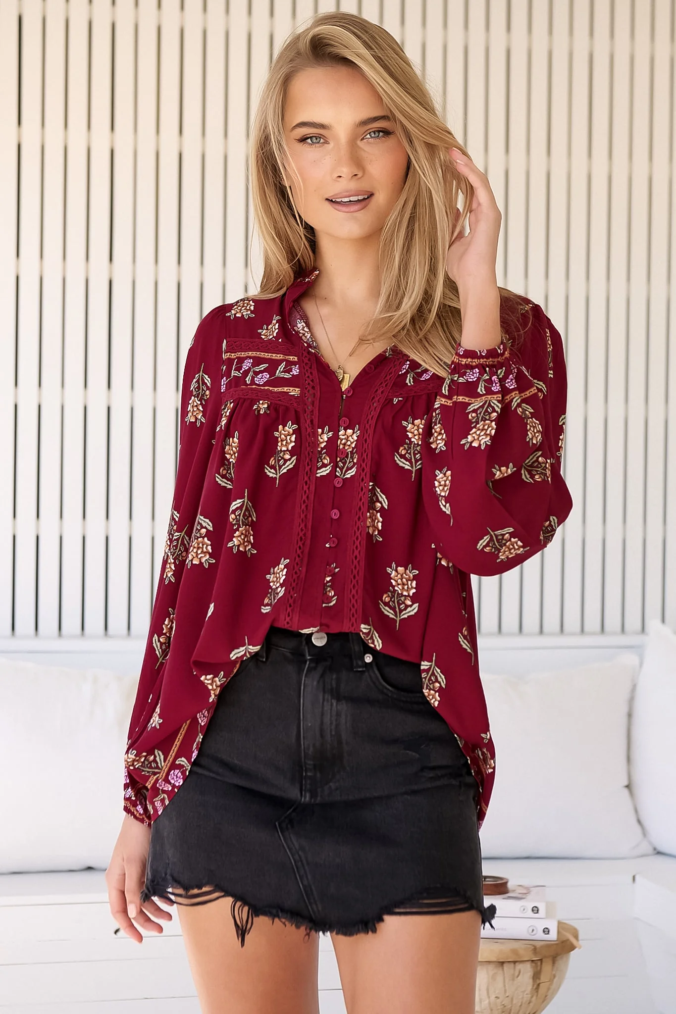 JAASE - Bee Blouse: Lace Decal Button Down Long Sleeve Blouse in Grenache Print - Image 7