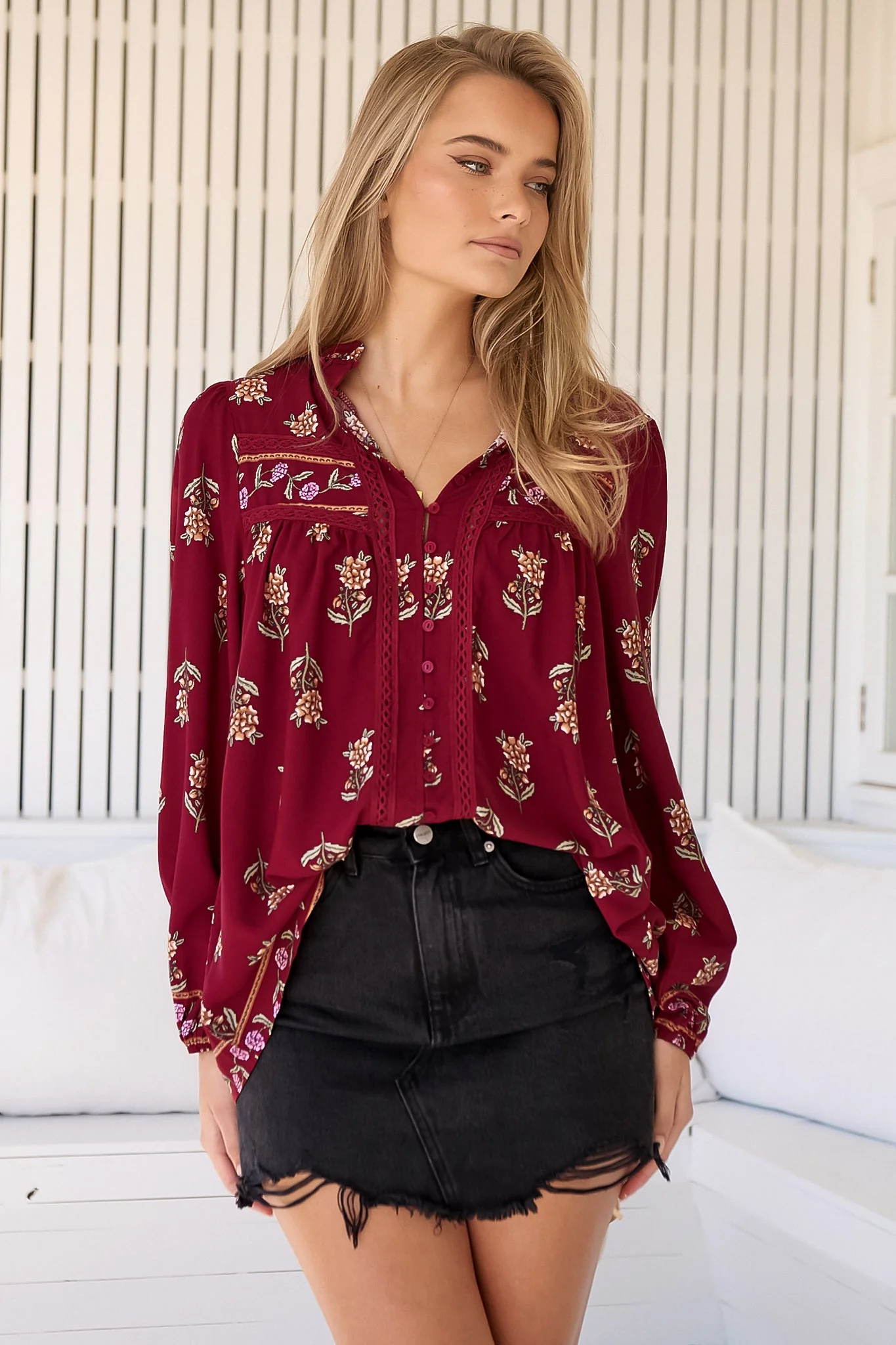 JAASE - Bee Blouse: Lace Decal Button Down Long Sleeve Blouse in Grenache Print - Image 9