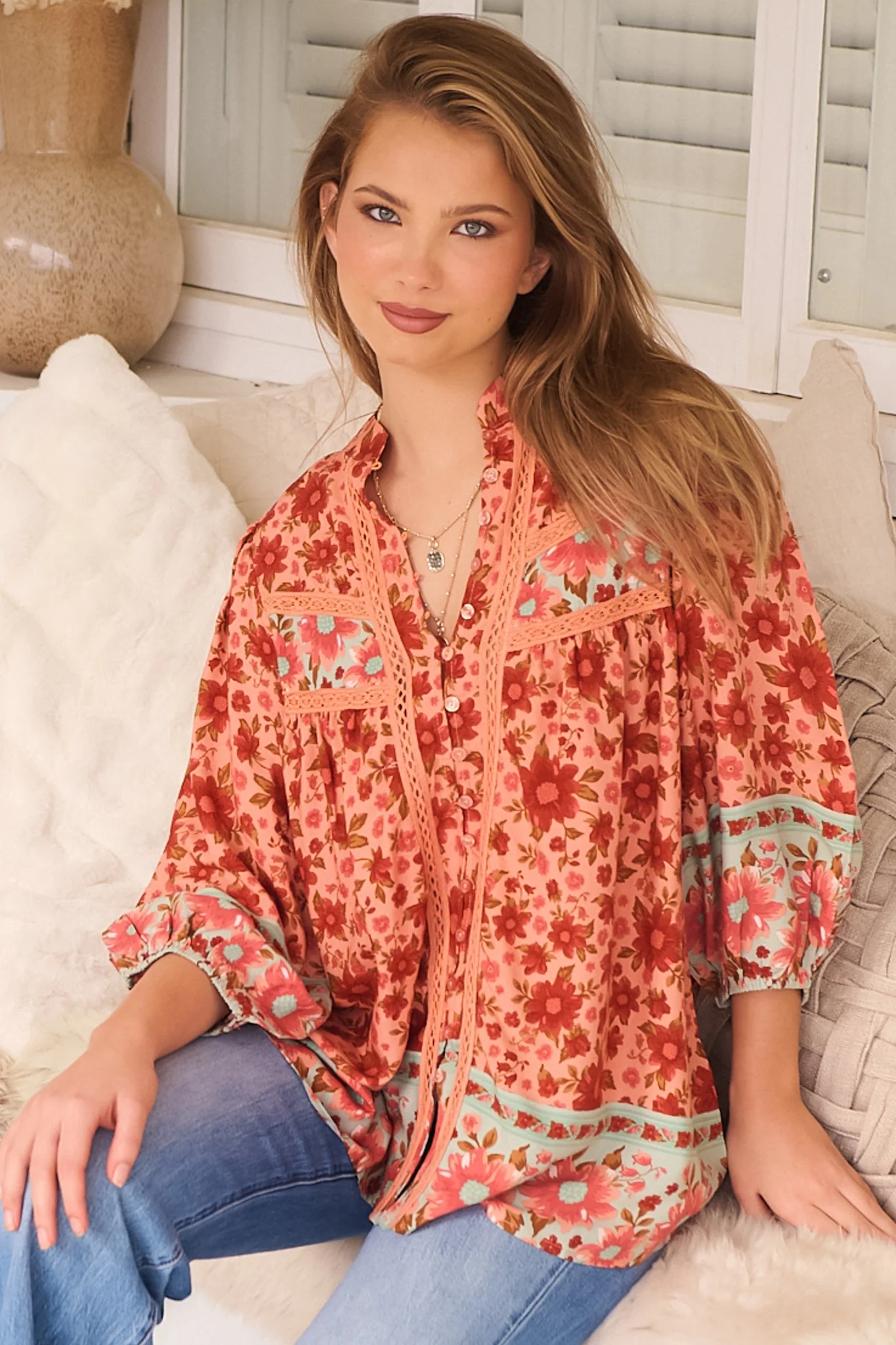 JAASE - Bee Blouse: Lace Decal Button Down 3/4 Sleeve Blouse in Lillianna Print - Image 2