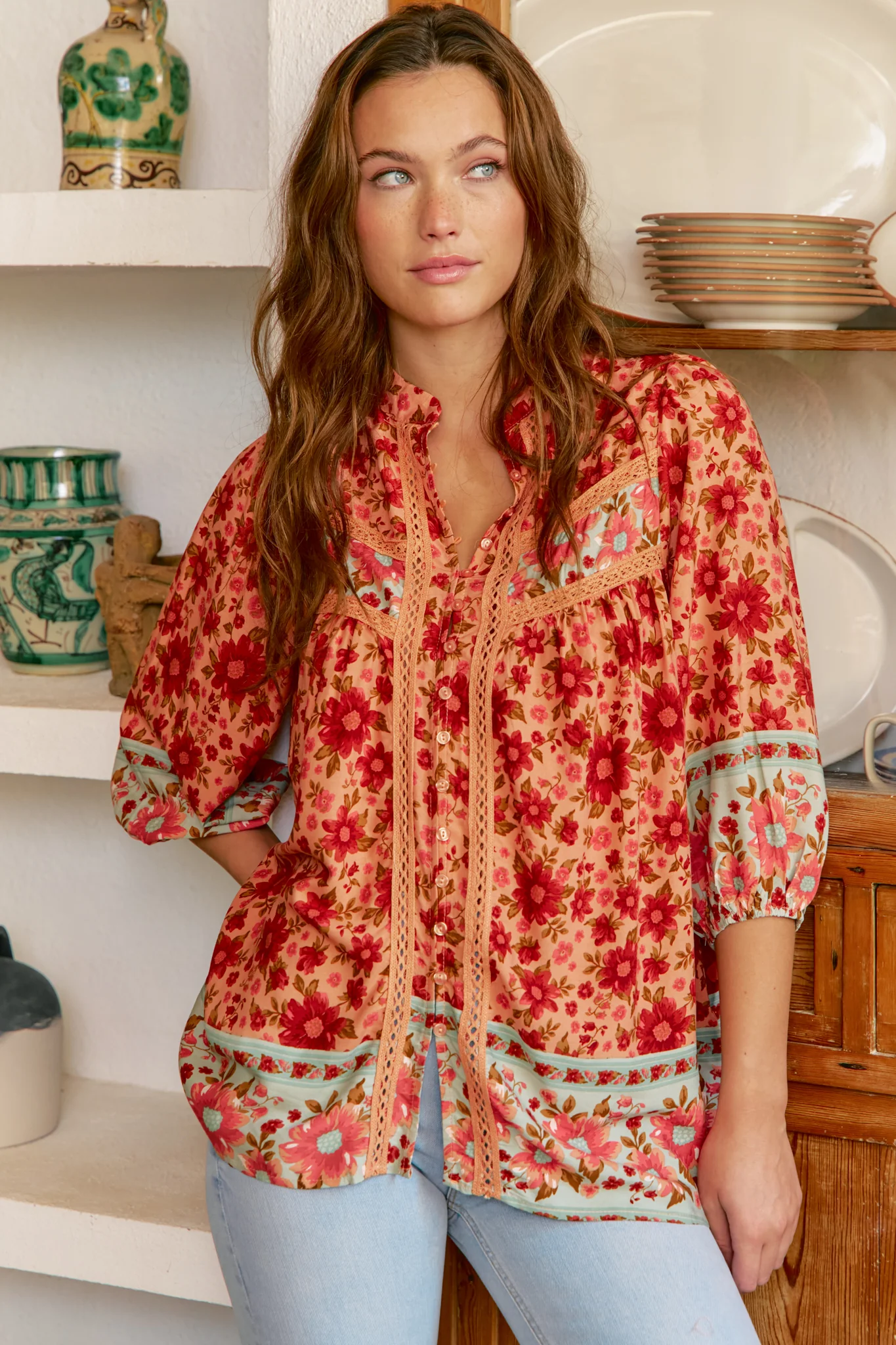 JAASE - Bee Blouse: Lace Decal Button Down 3/4 Sleeve Blouse in Lillianna Print - Image 4
