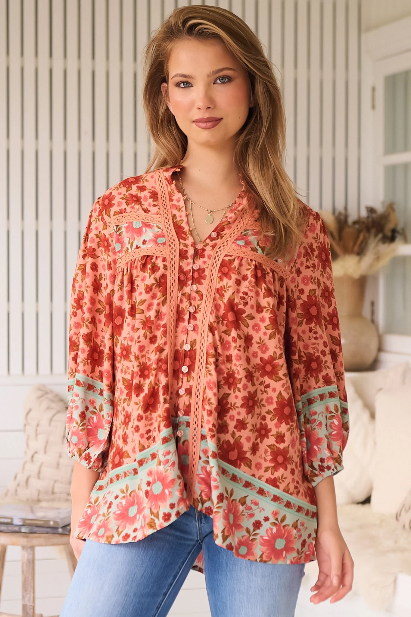JAASE - Bee Blouse: Lace Decal Button Down 3/4 Sleeve Blouse in Lillianna Print - Image 6
