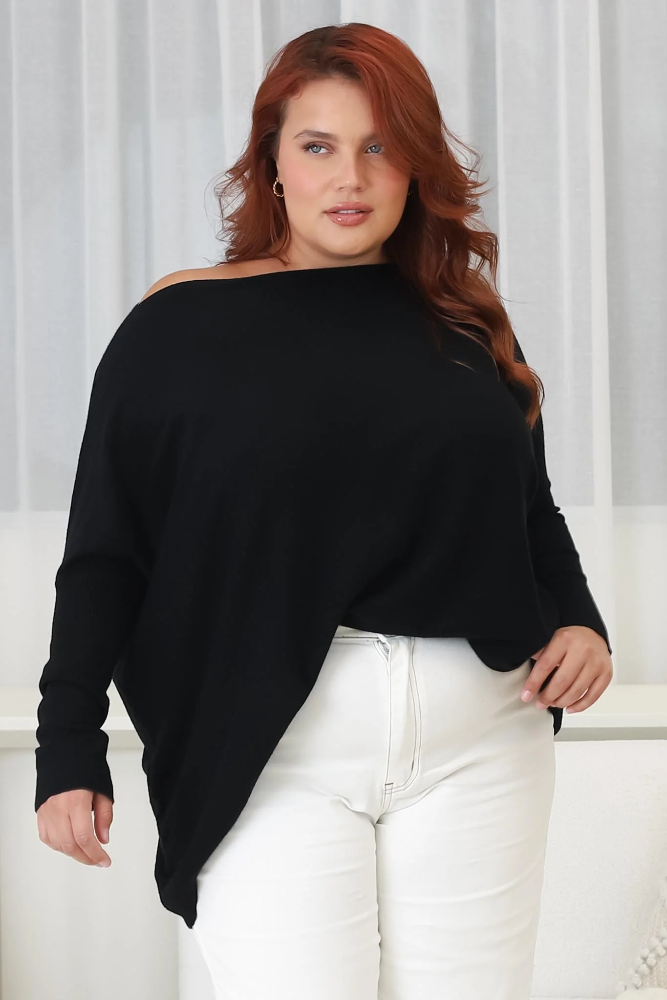 Belinda Knit Top - Boat Neckline Boxy Batwing Top in Black - Image 10
