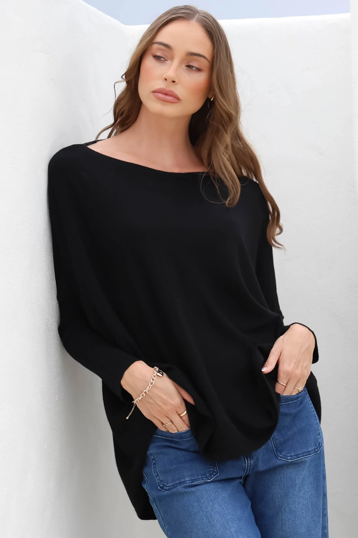 Belinda Knit Top - Boat Neckline Boxy Batwing Top in Black - Image 11