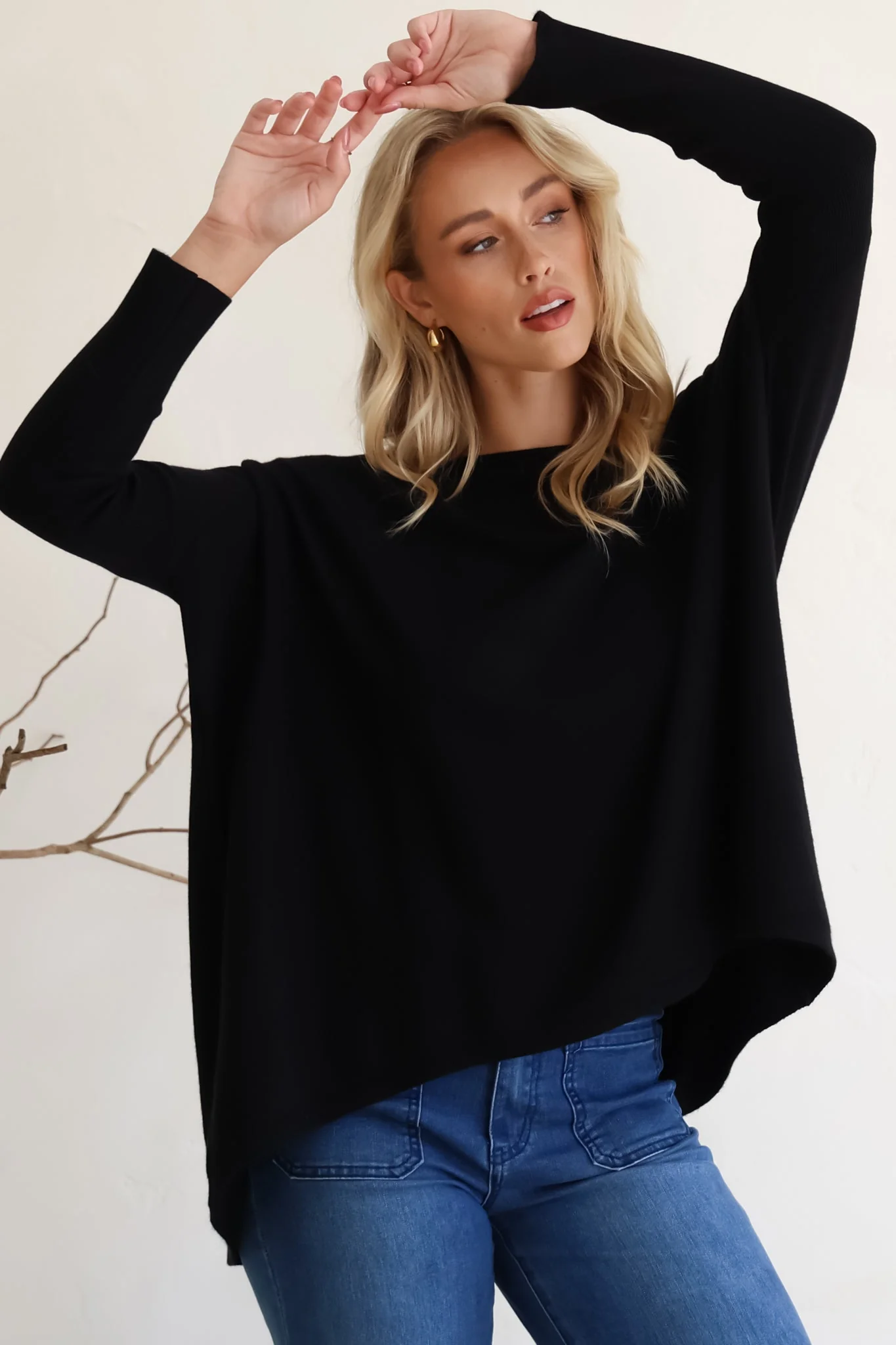 Belinda Knit Top - Boat Neckline Boxy Batwing Top in Black - Image 12