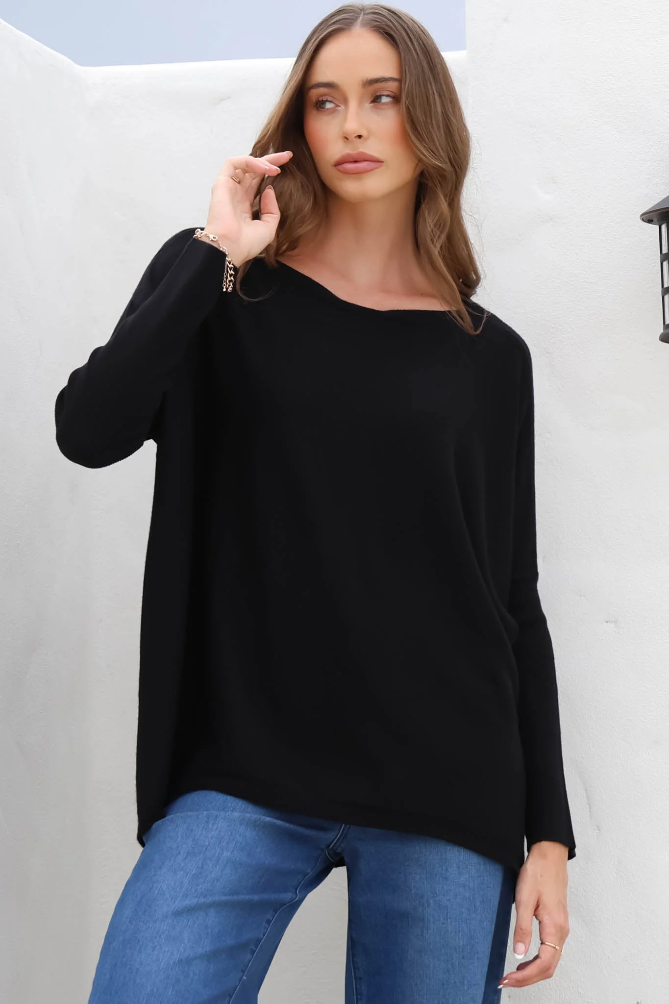 Belinda Knit Top - Boat Neckline Boxy Batwing Top in Black - Image 14