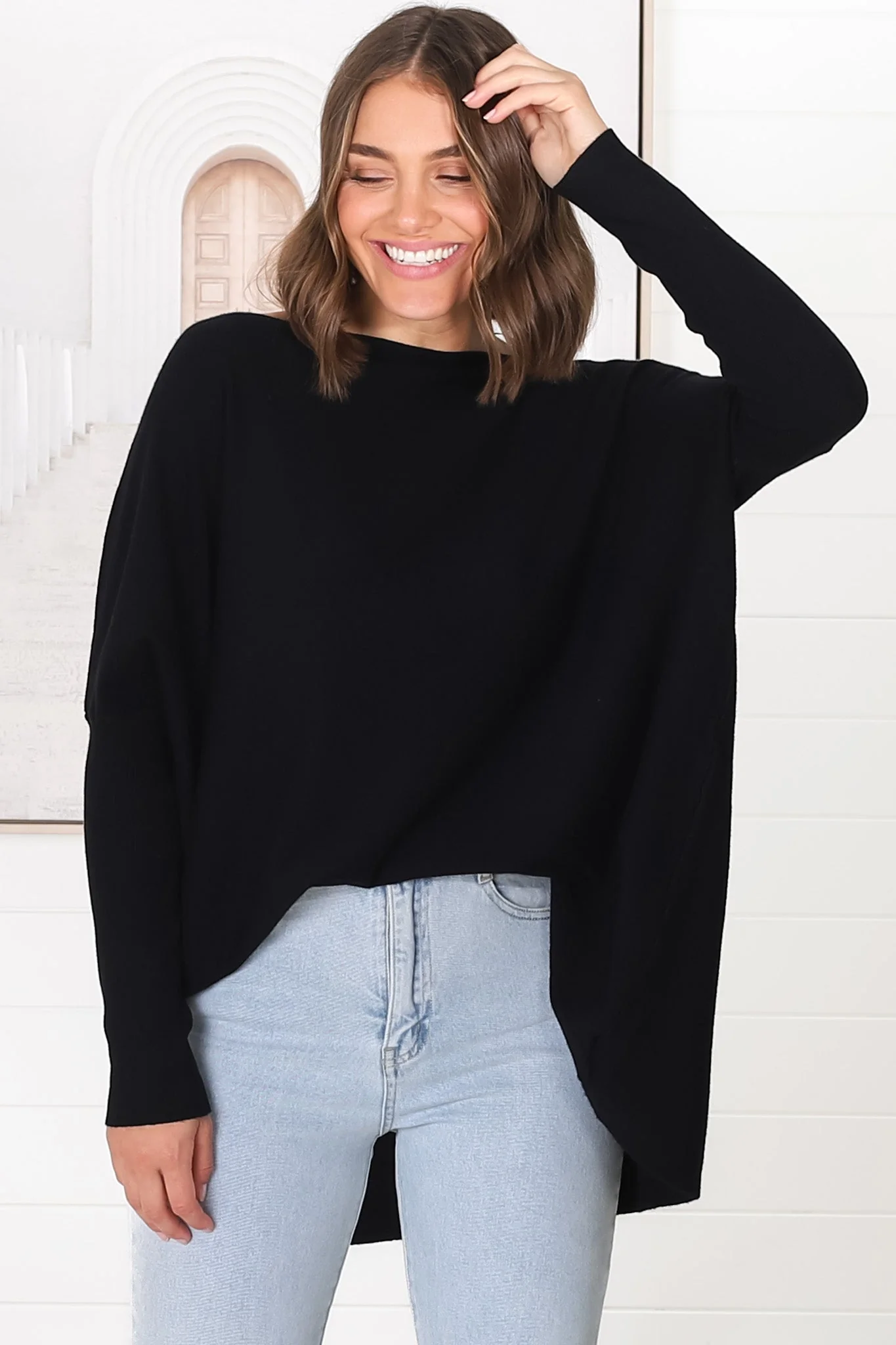 Belinda Knit Top - Boat Neckline Boxy Batwing Top in Black - Image 15
