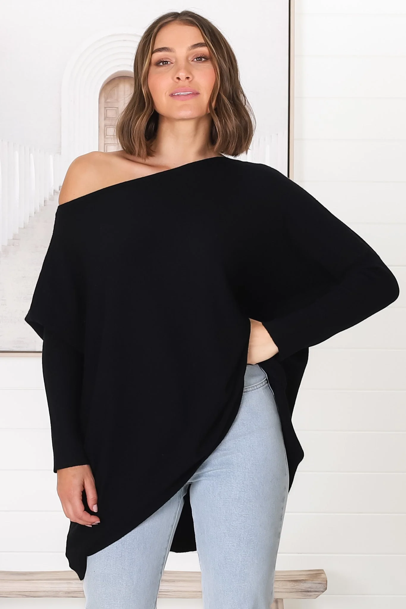 Belinda Knit Top - Boat Neckline Boxy Batwing Top in Black - Image 16
