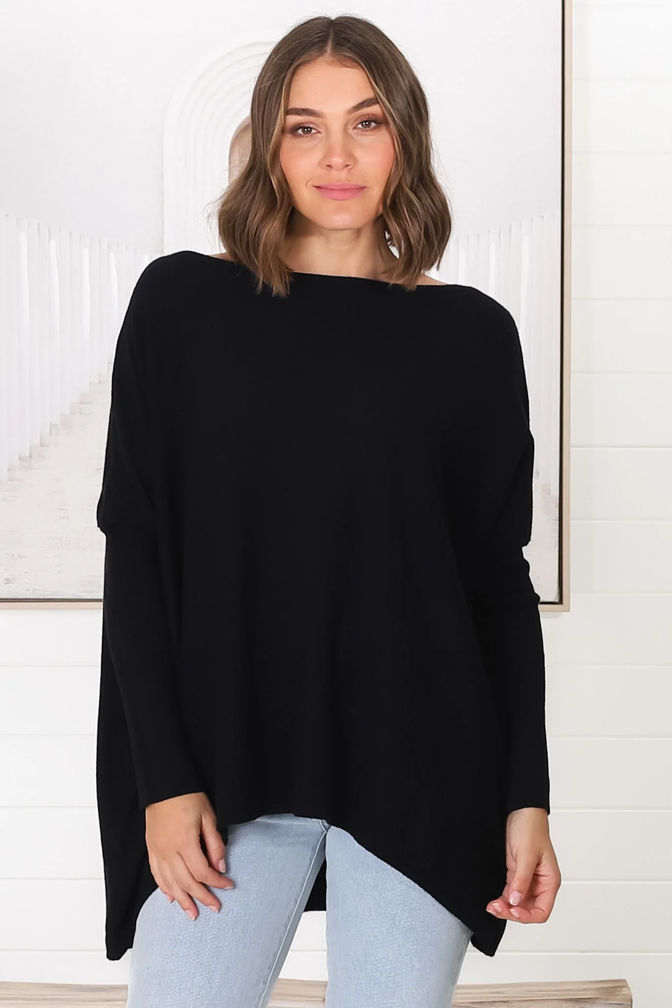Belinda Knit Top - Boat Neckline Boxy Batwing Top in Black - Image 17