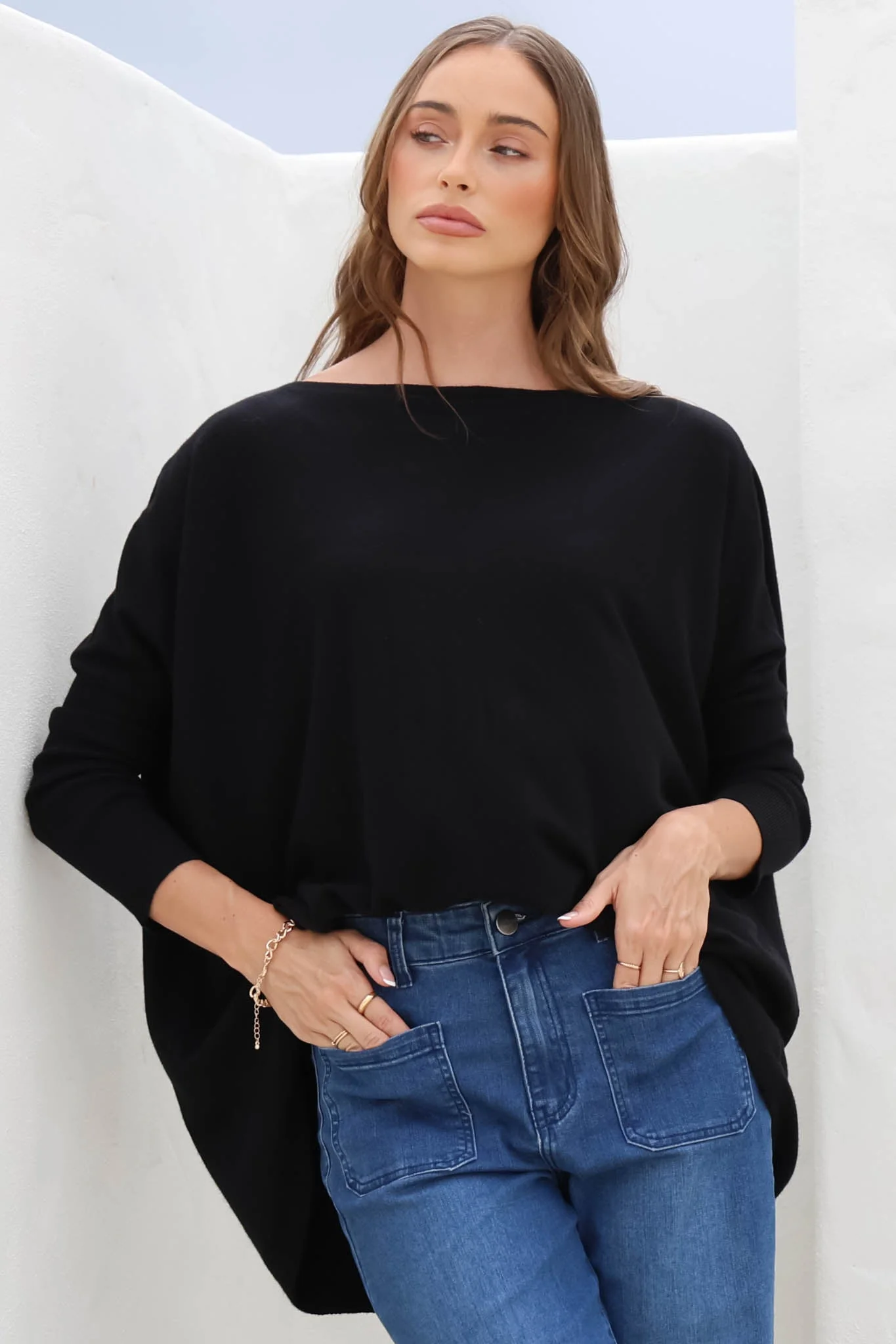 Belinda Knit Top - Boat Neckline Boxy Batwing Top in Black - Image 18