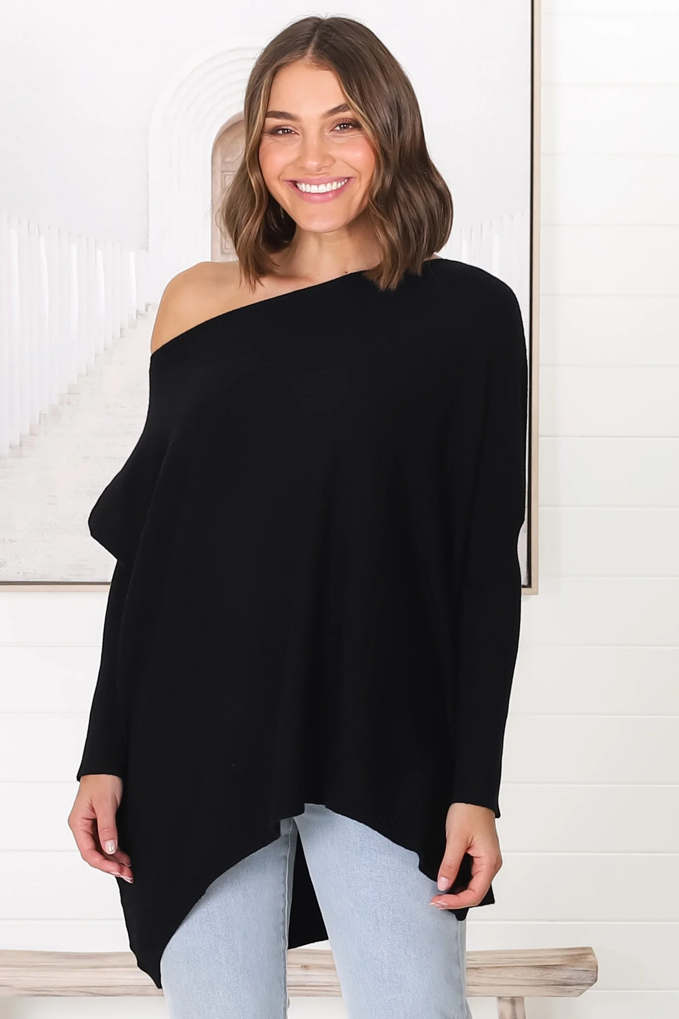 Belinda Knit Top - Boat Neckline Boxy Batwing Top in Black - Image 19