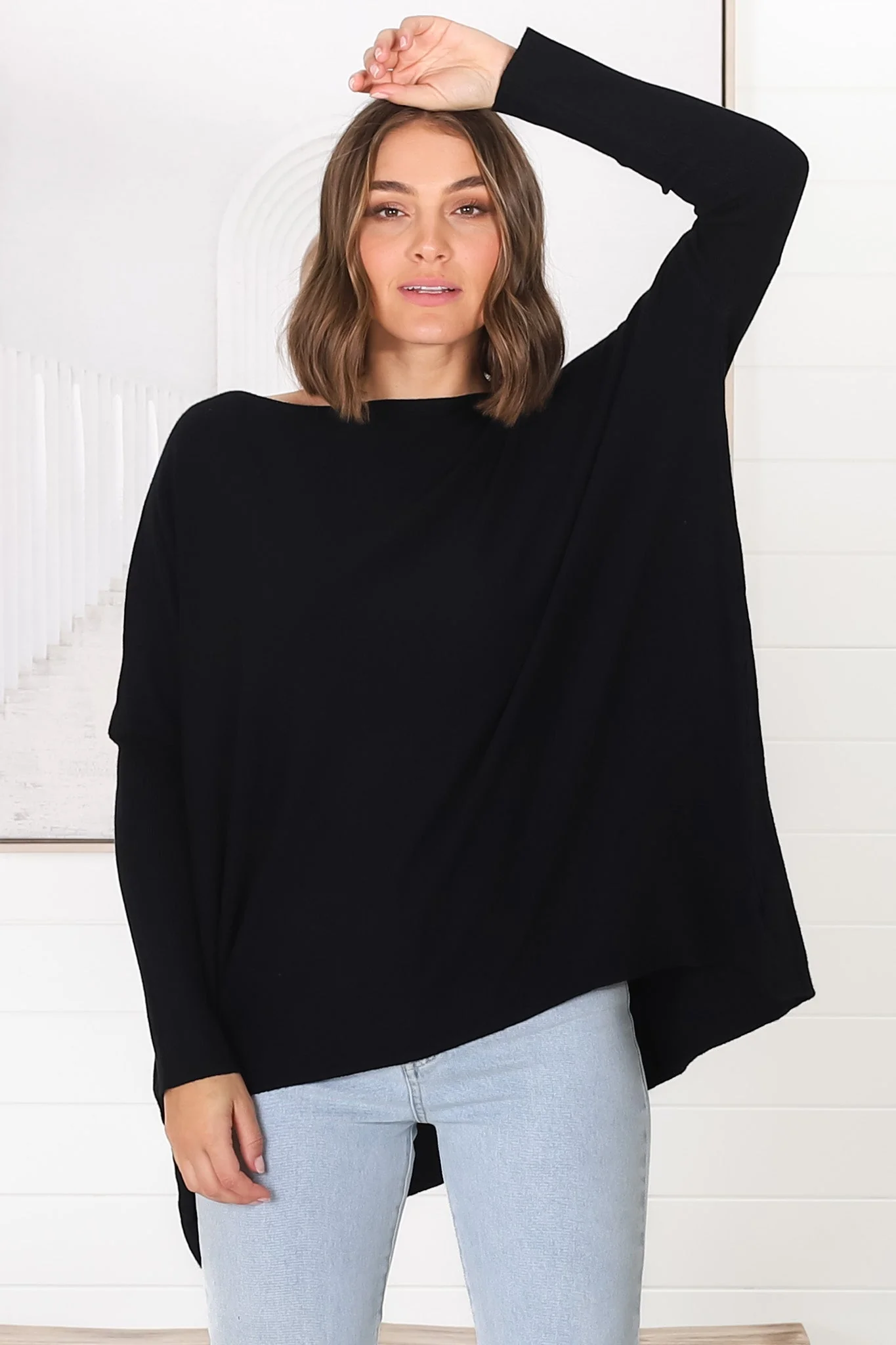 Belinda Knit Top - Boat Neckline Boxy Batwing Top in Black - Image 20