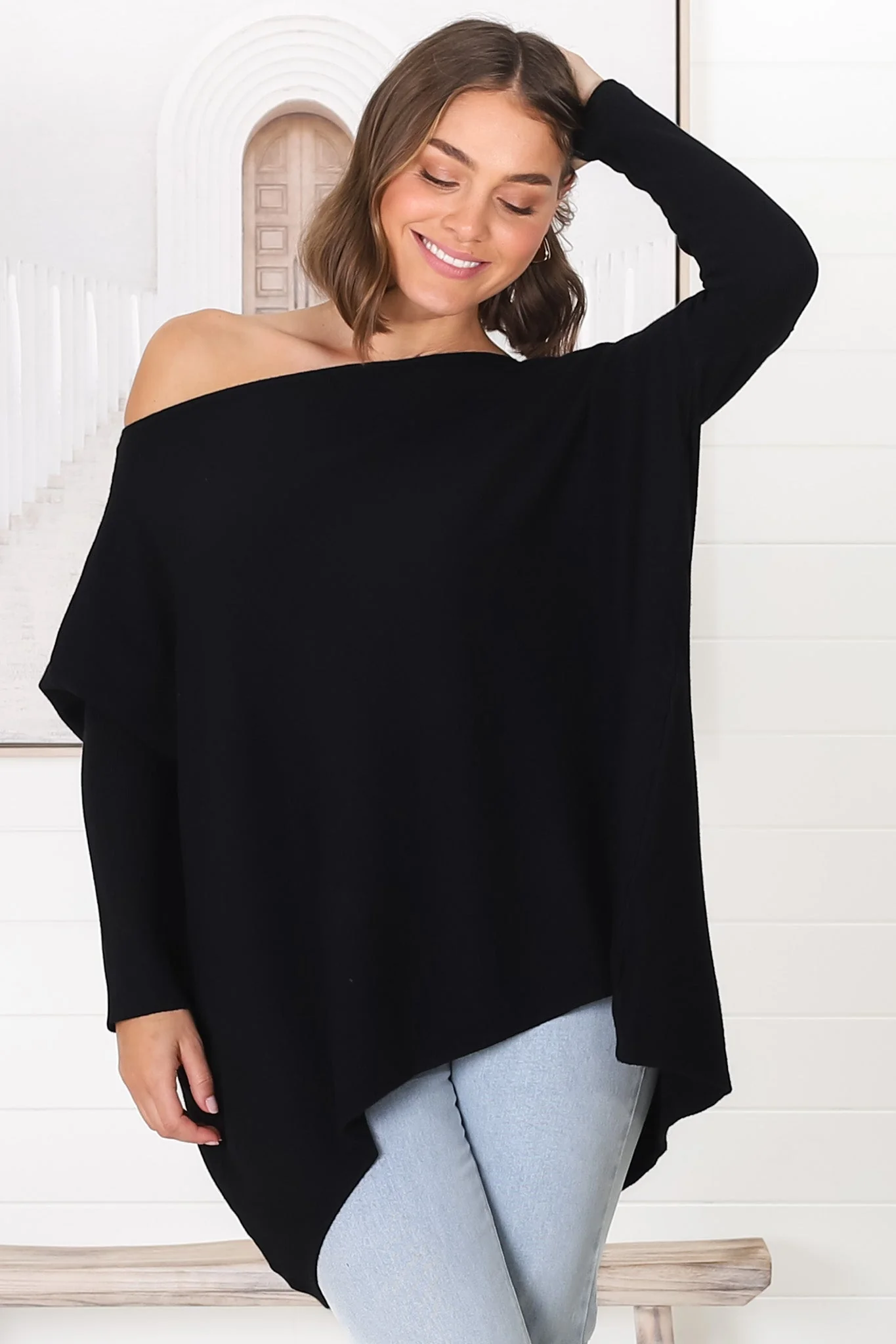 Belinda Knit Top - Boat Neckline Boxy Batwing Top in Black - Image 21