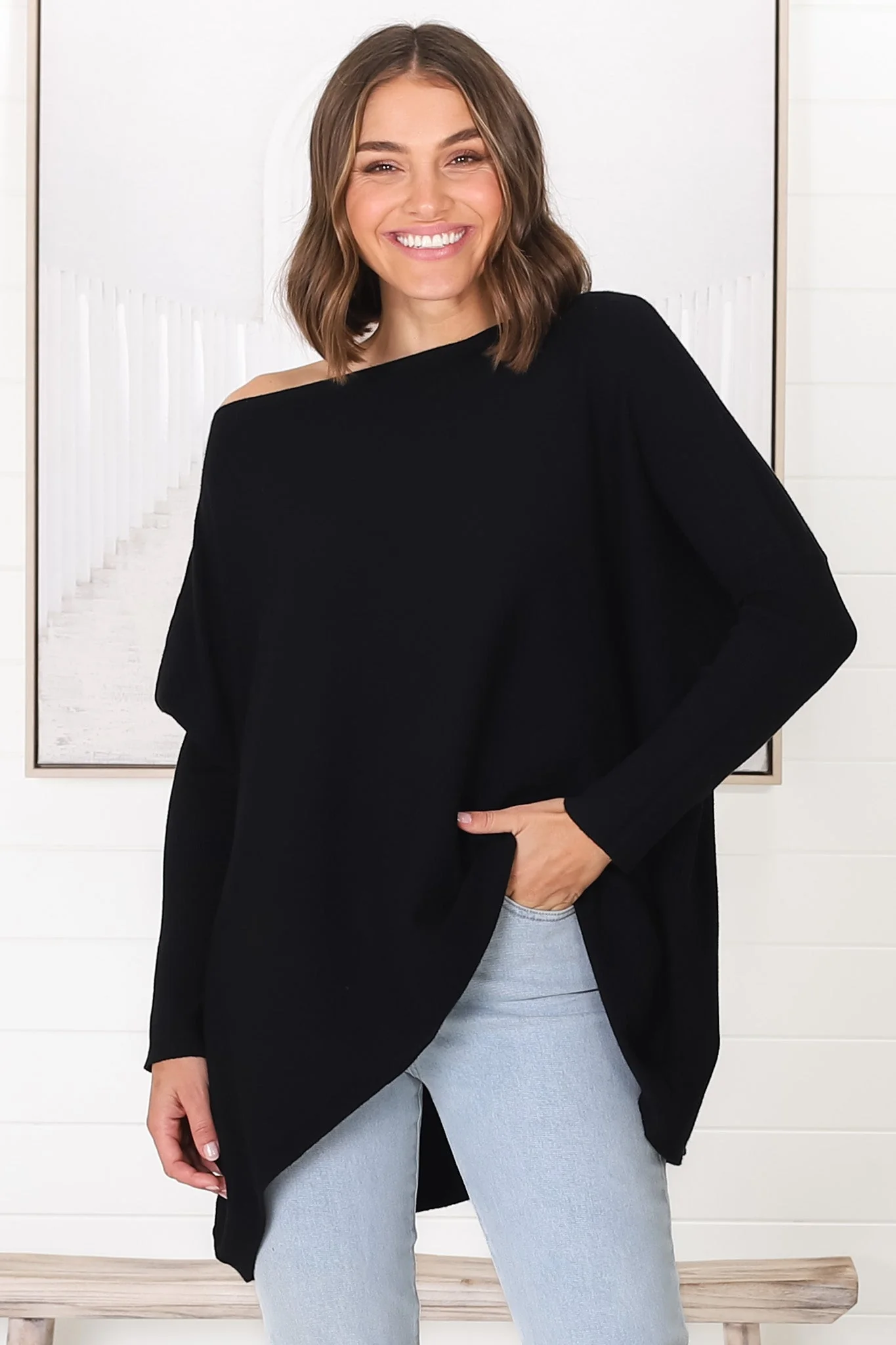 Belinda Knit Top - Boat Neckline Boxy Batwing Top in Black - Image 22