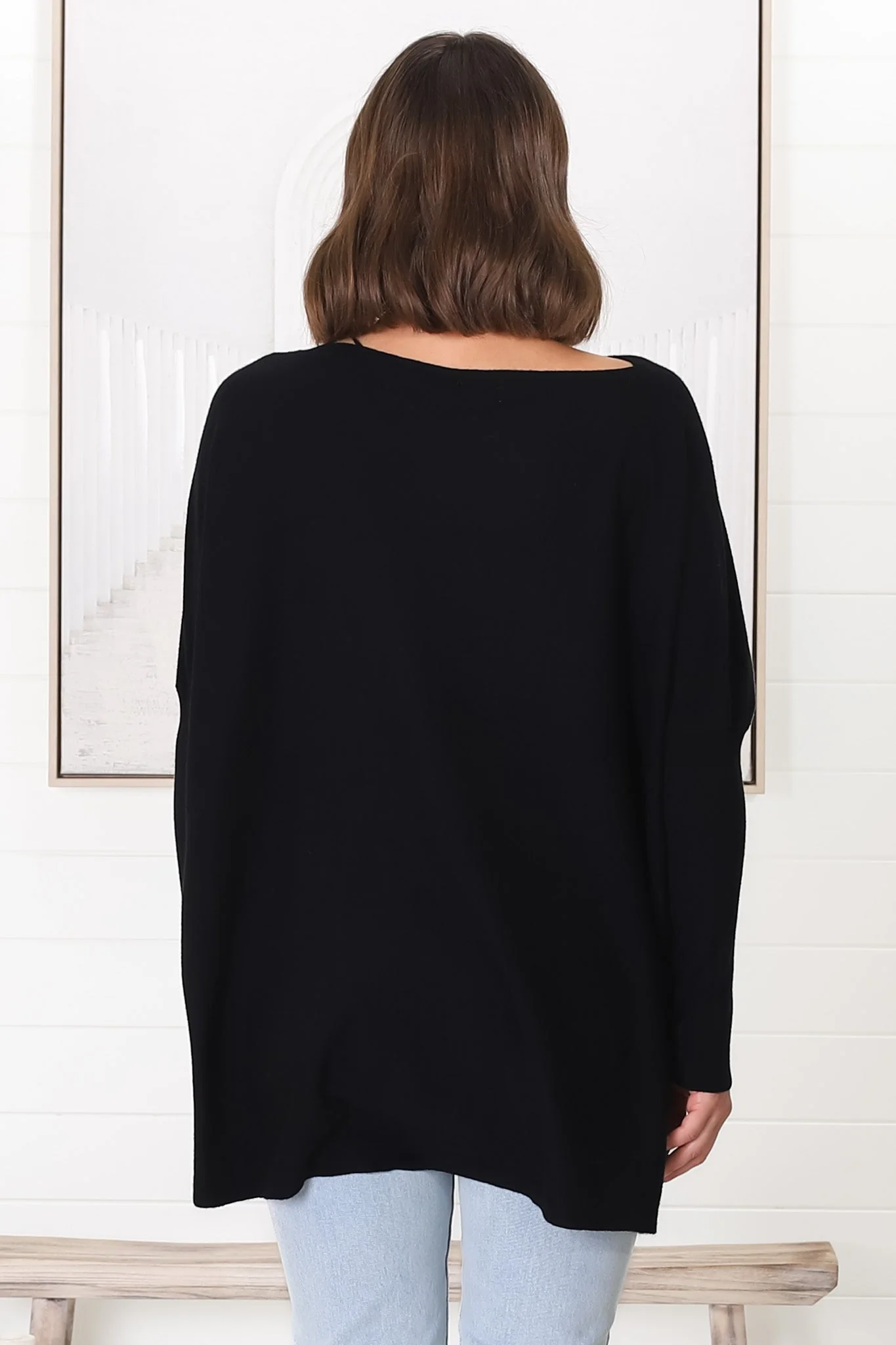 Belinda Knit Top - Boat Neckline Boxy Batwing Top in Black - Image 24