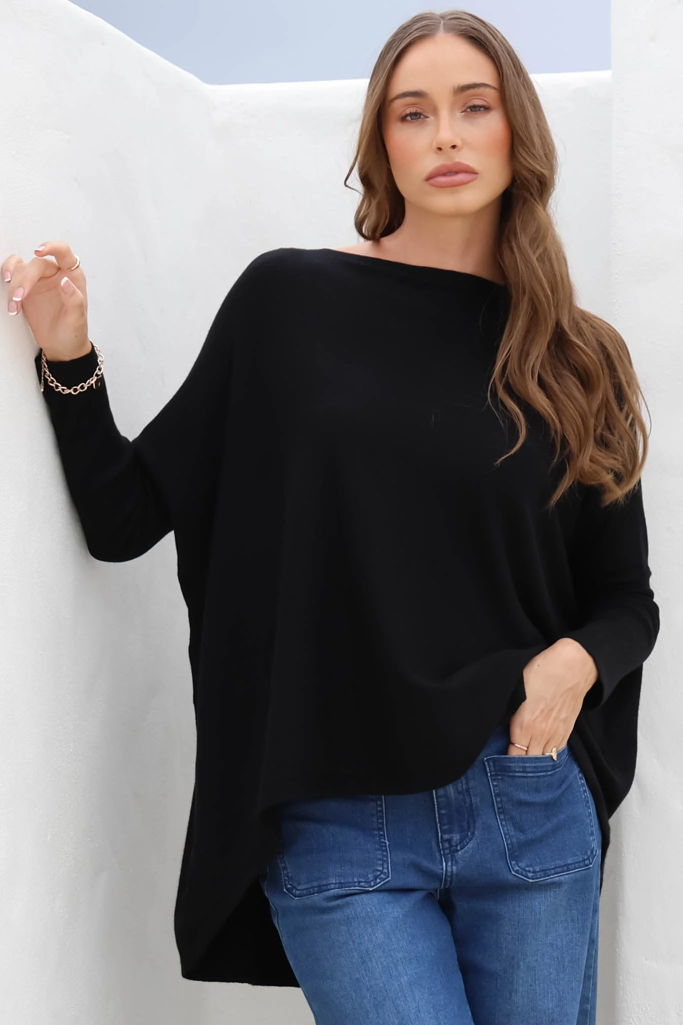 Belinda Knit Top - Boat Neckline Boxy Batwing Top in Black - Image 3