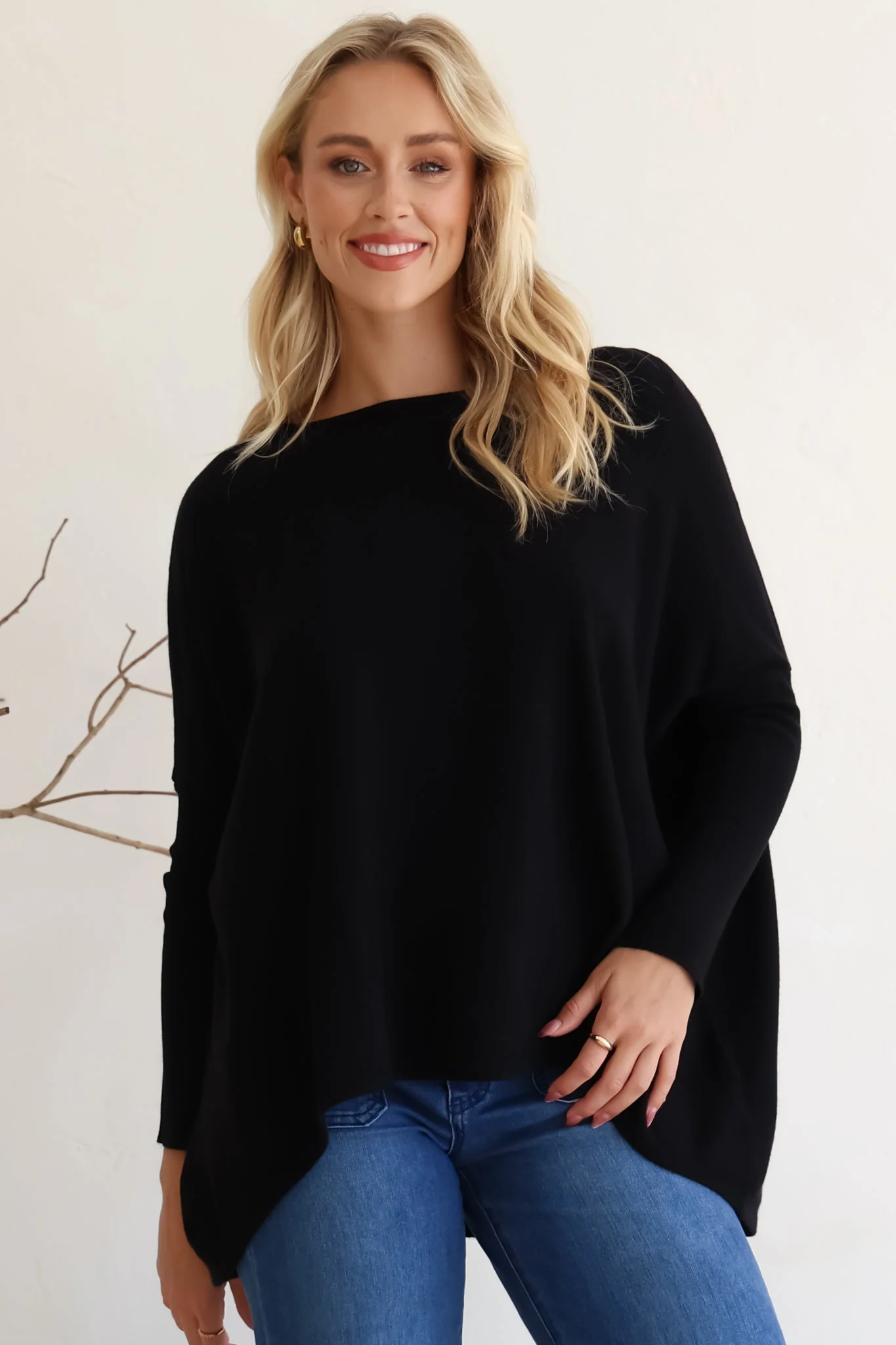Belinda Knit Top - Boat Neckline Boxy Batwing Top in Black - Image 4