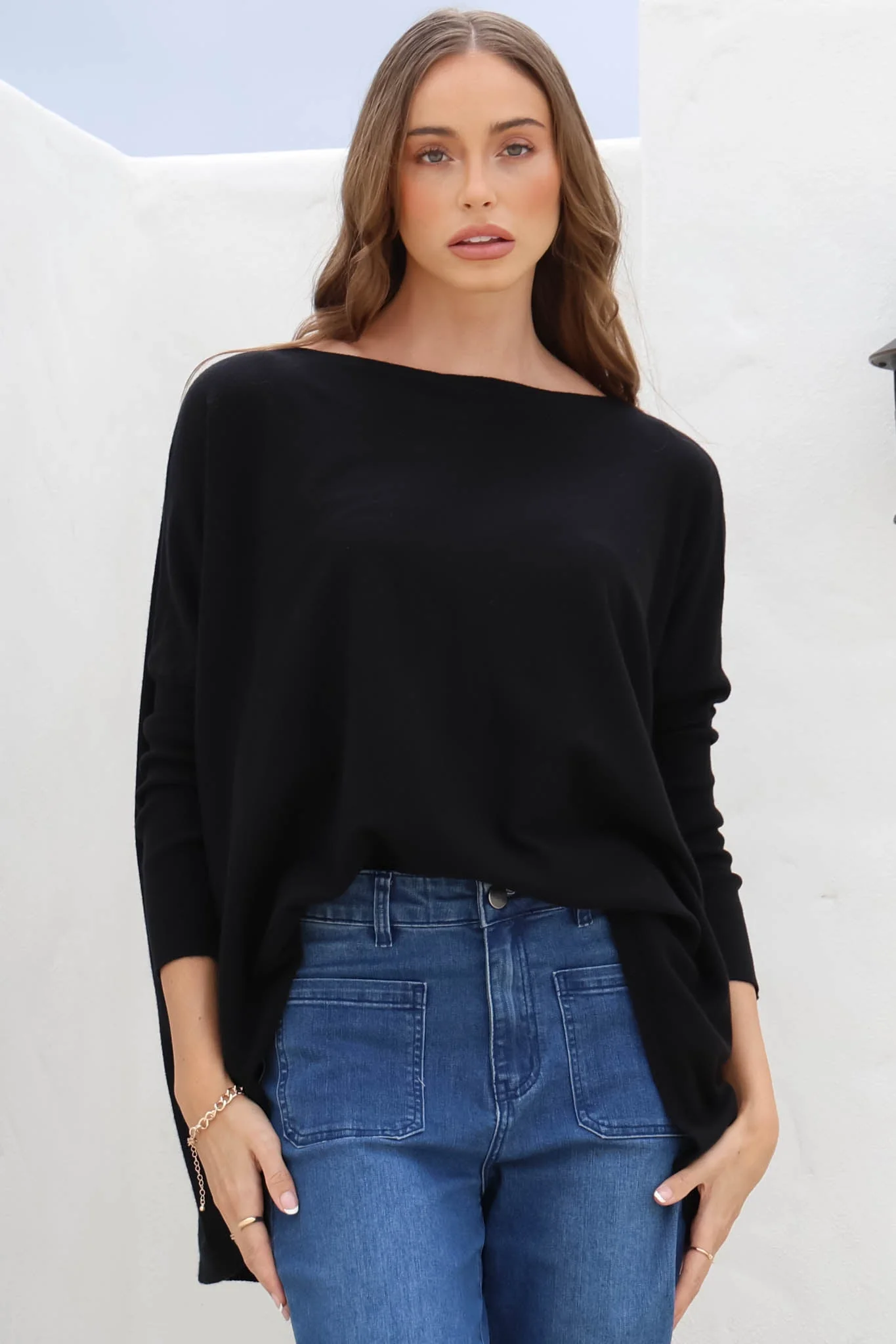 Belinda Knit Top - Boat Neckline Boxy Batwing Top in Black - Image 6