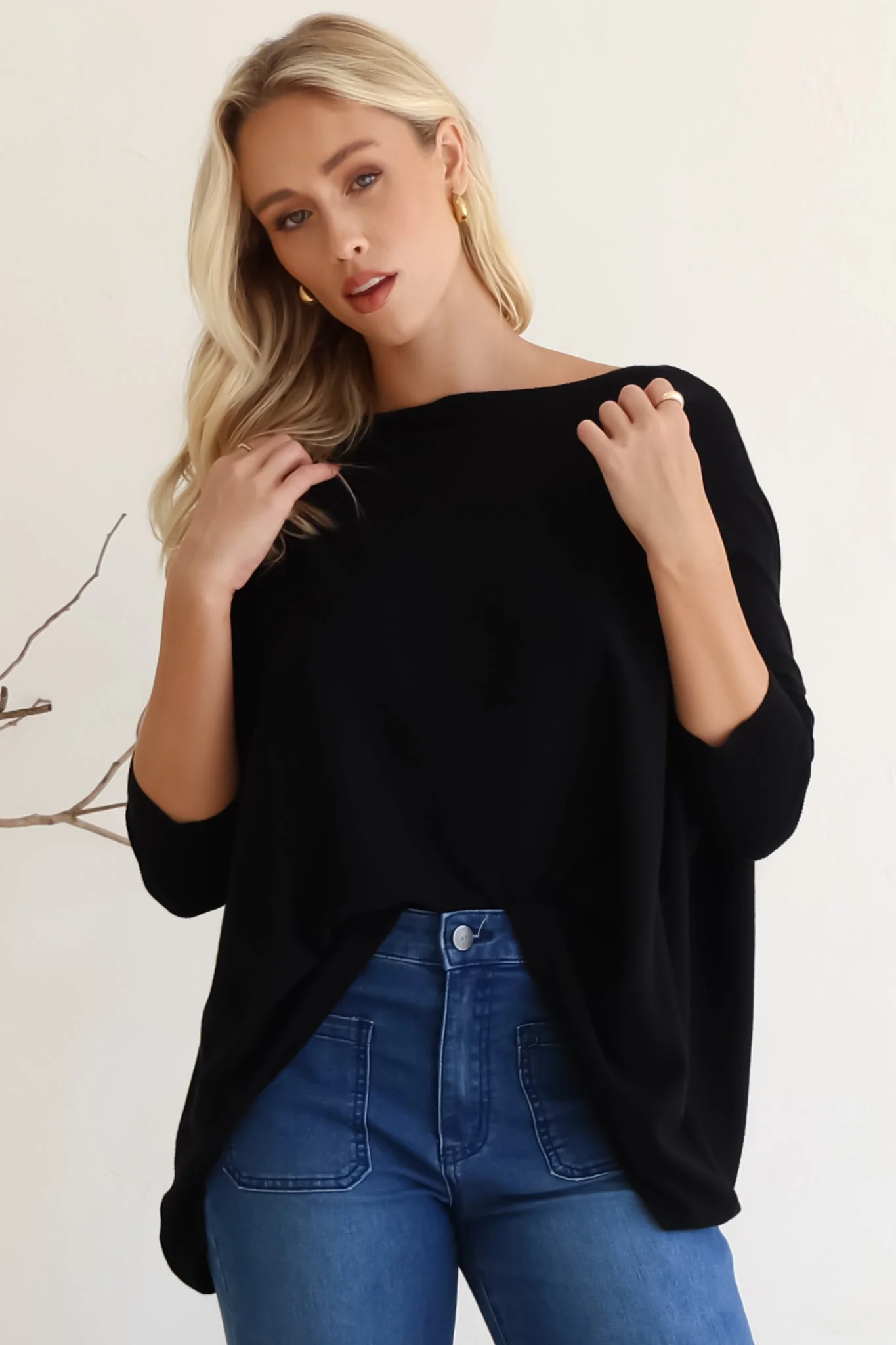 Belinda Knit Top - Boat Neckline Boxy Batwing Top in Black - Image 7