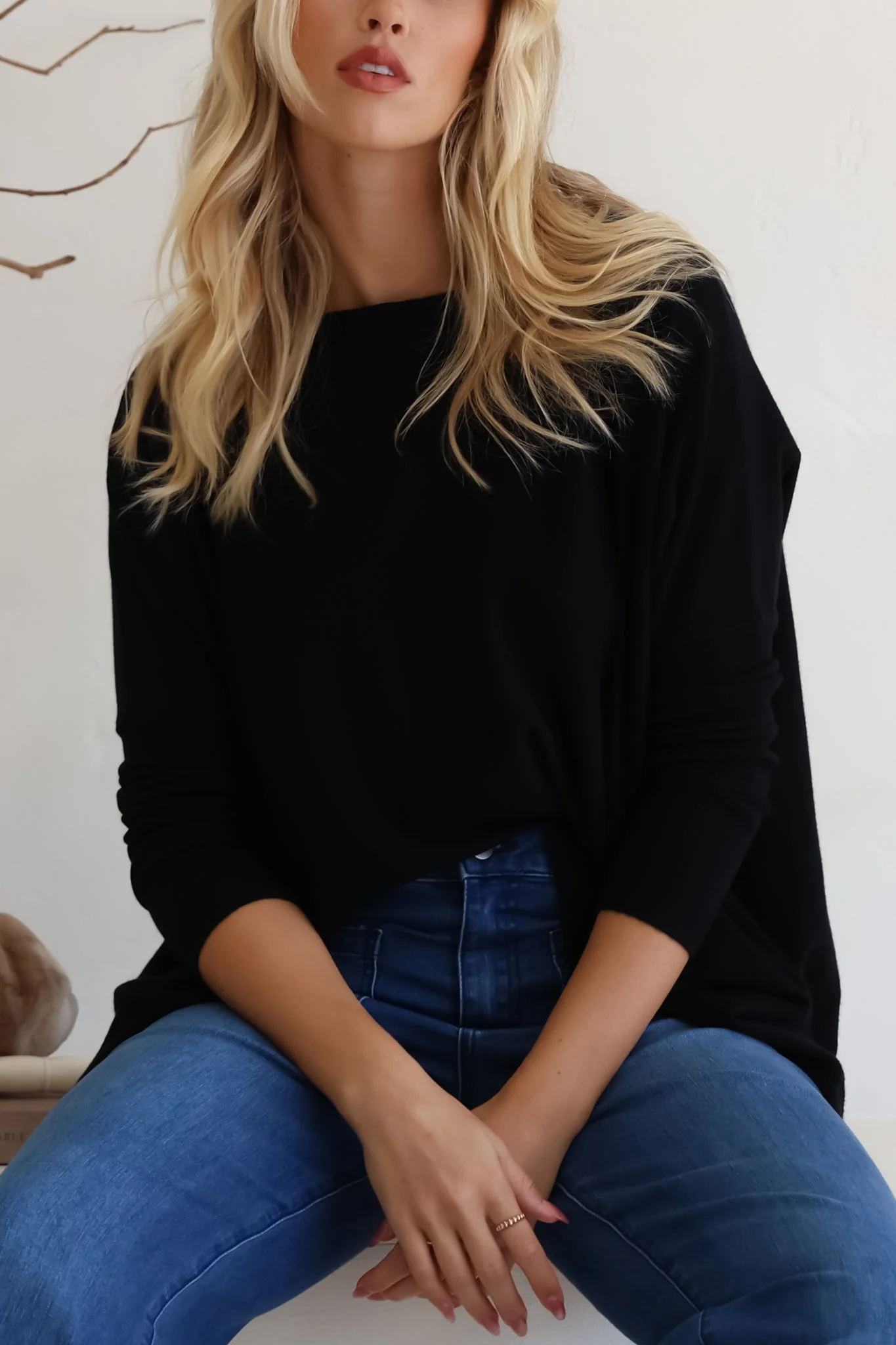 Belinda Knit Top - Boat Neckline Boxy Batwing Top in Black - Image 9
