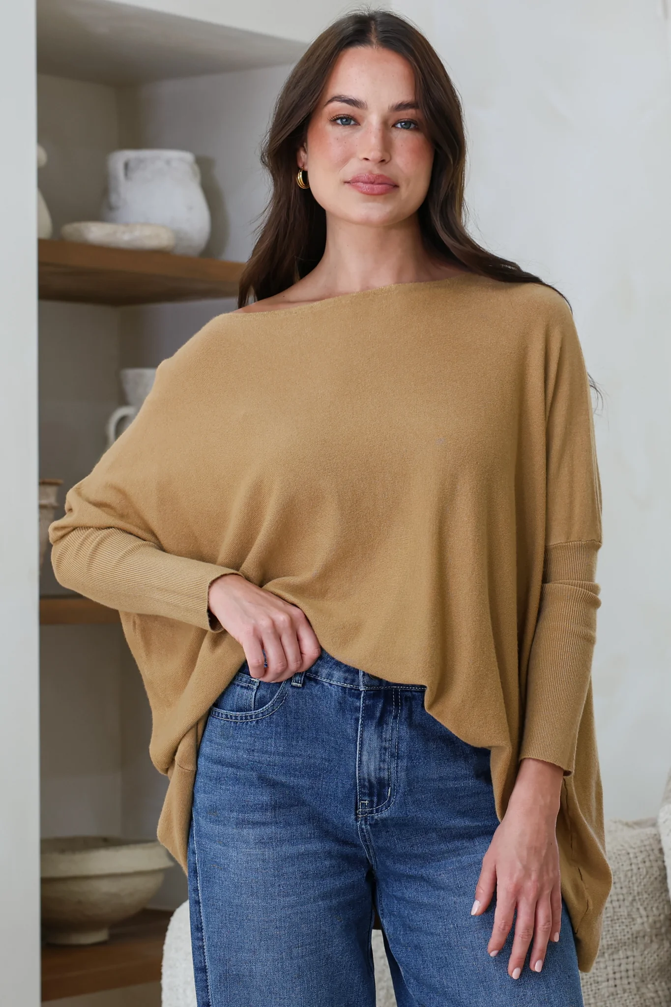 Belinda Knit Top - Boat Neckline Boxy Batwing Top in Caramel - Image 2