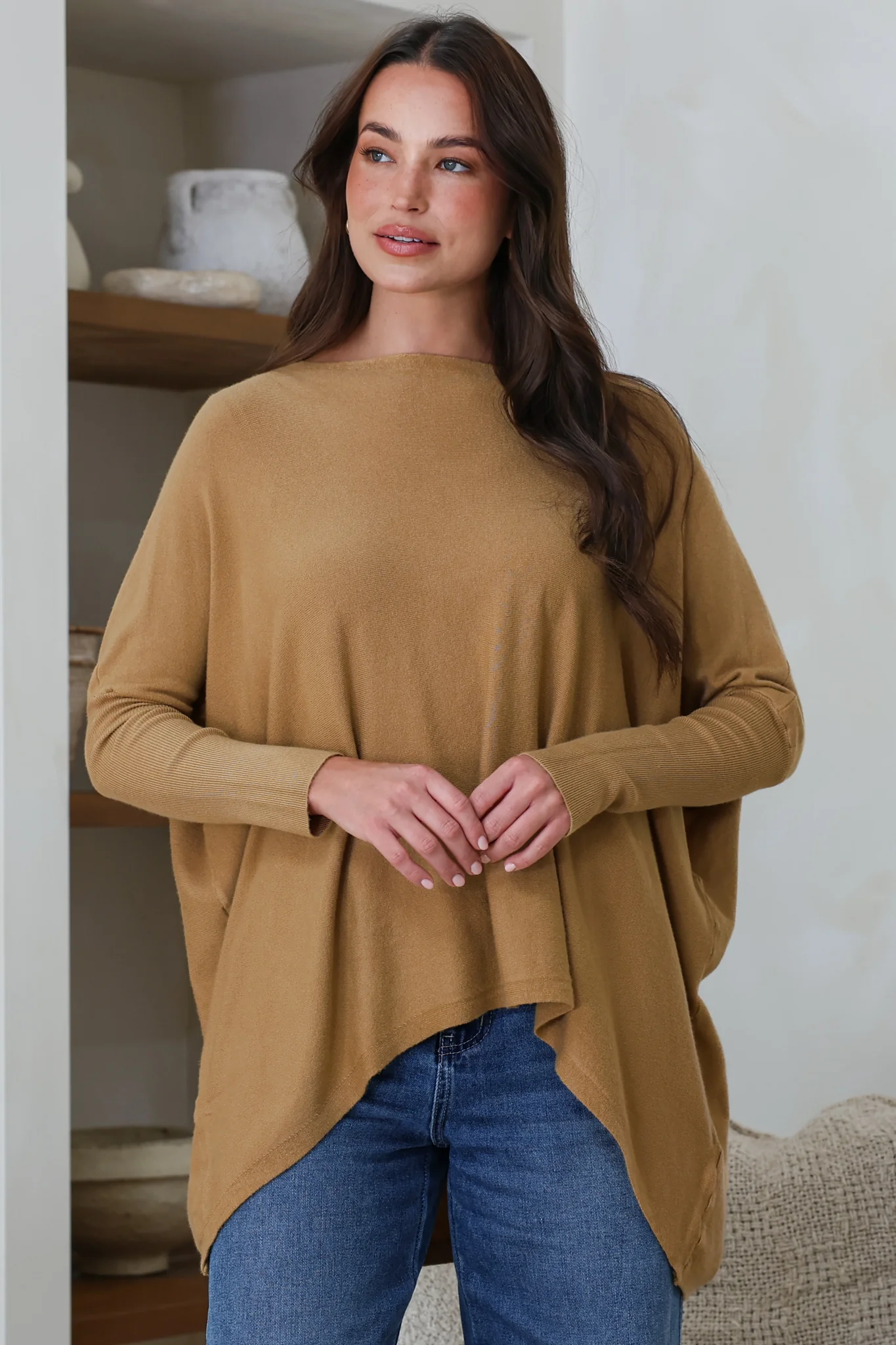 Belinda Knit Top - Boat Neckline Boxy Batwing Top in Caramel - Image 3