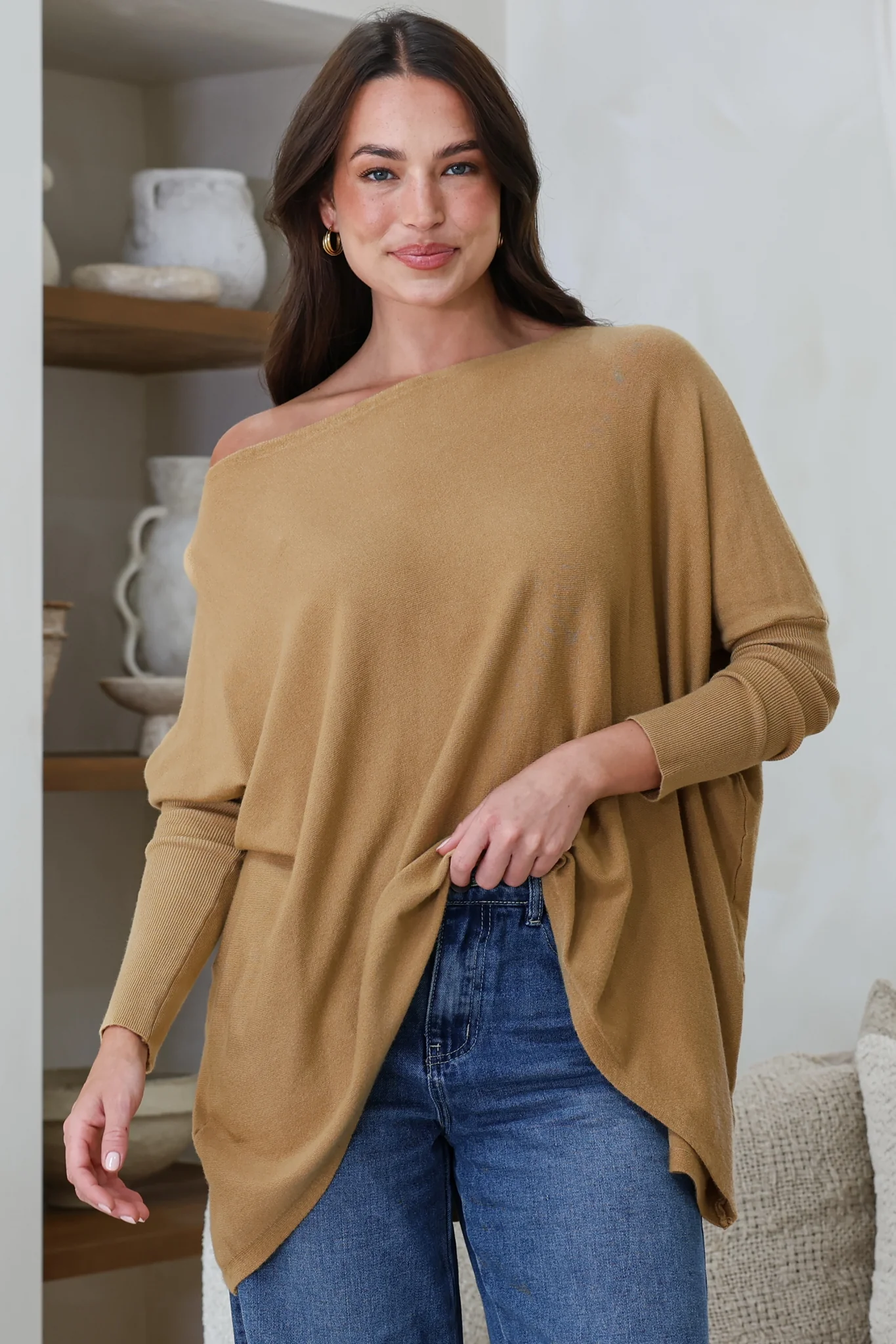 Belinda Knit Top - Boat Neckline Boxy Batwing Top in Caramel - Image 4