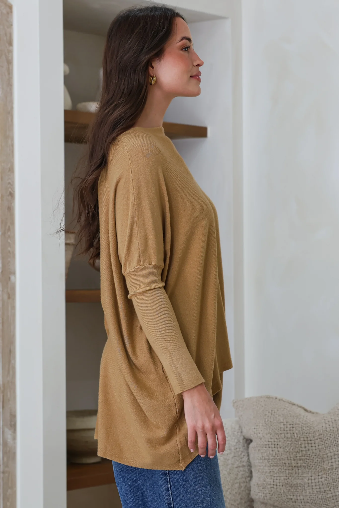 Belinda Knit Top - Boat Neckline Boxy Batwing Top in Caramel - Image 5
