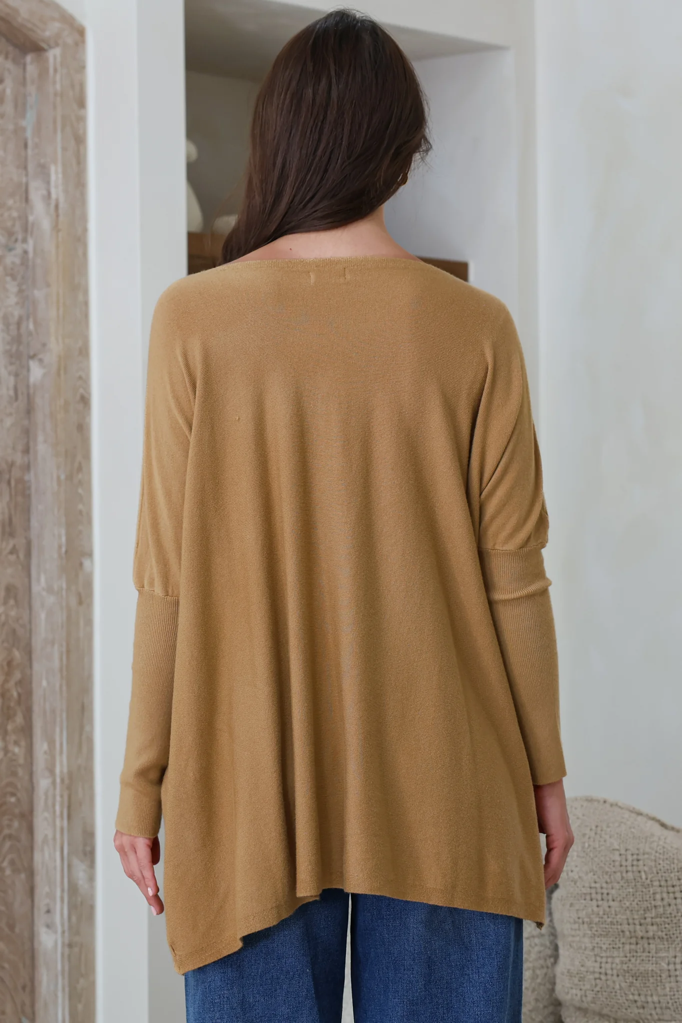 Belinda Knit Top - Boat Neckline Boxy Batwing Top in Caramel - Image 6