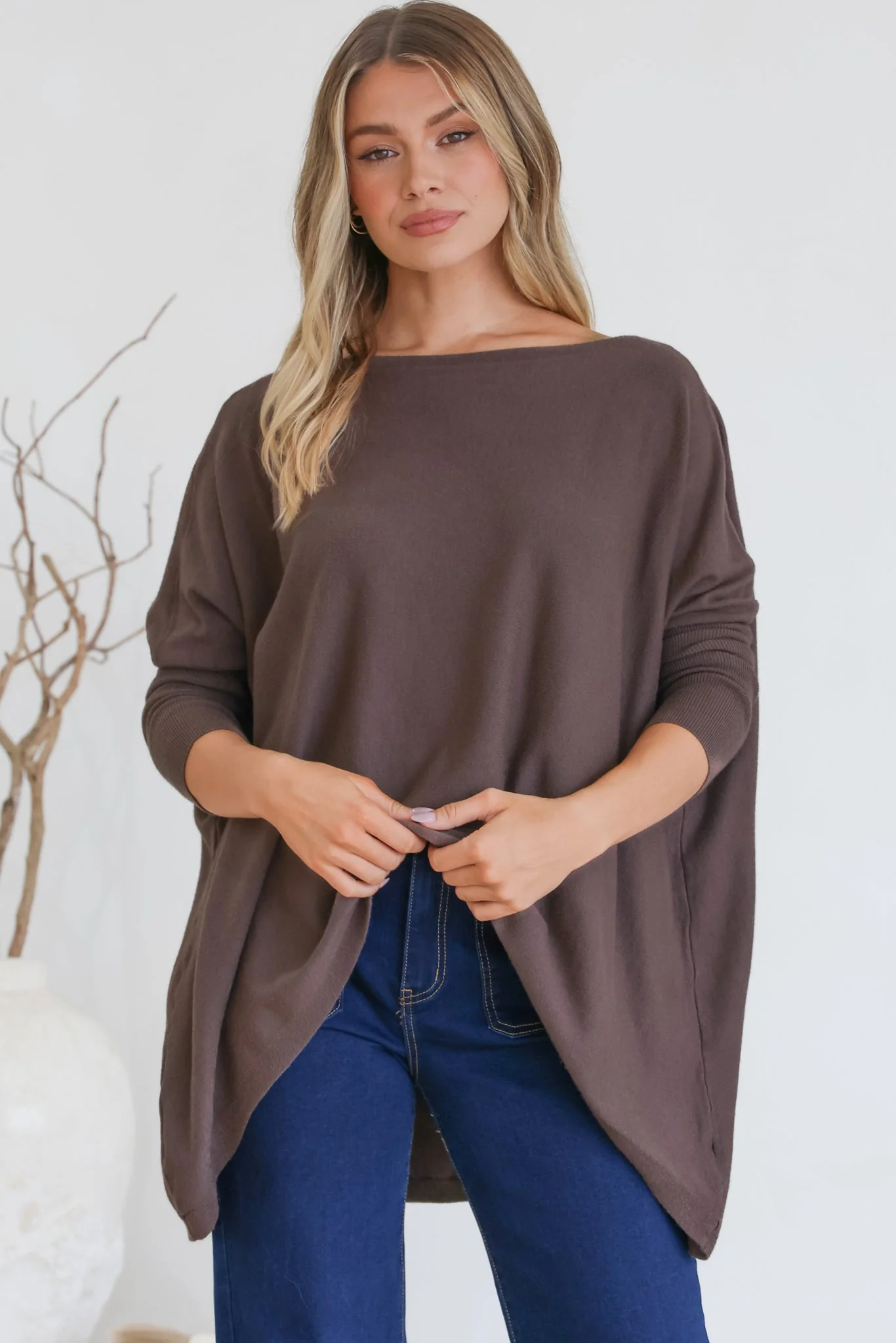 Belinda Knit Top - Boat Neckline Boxy Batwing Top in Chocolate - Image 3
