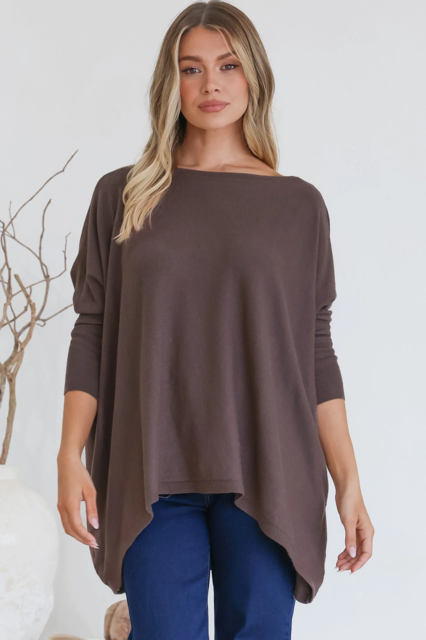 Belinda Knit Top - Boat Neckline Boxy Batwing Top in Chocolate - Image 4
