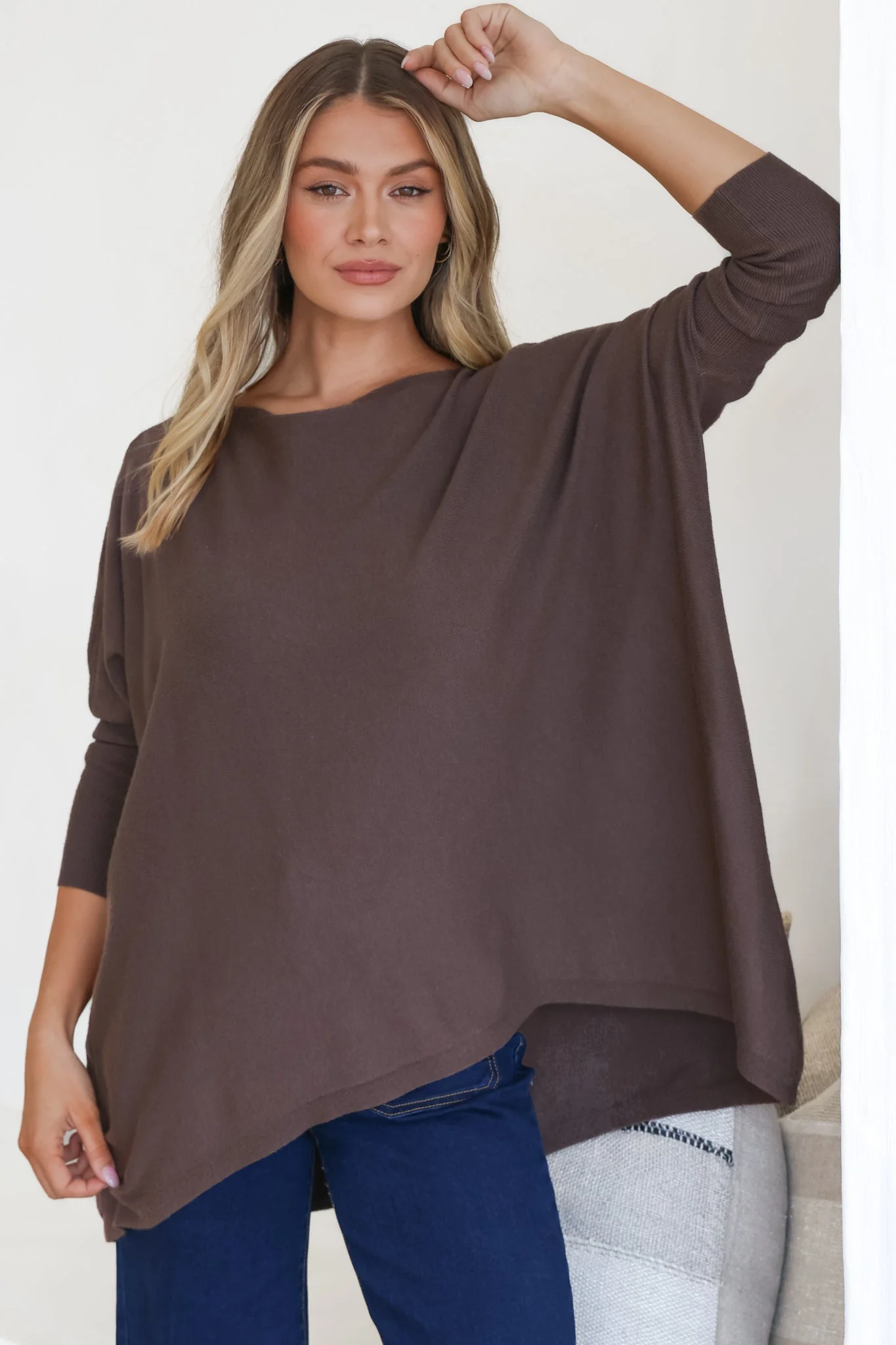 Belinda Knit Top - Boat Neckline Boxy Batwing Top in Chocolate - Image 5