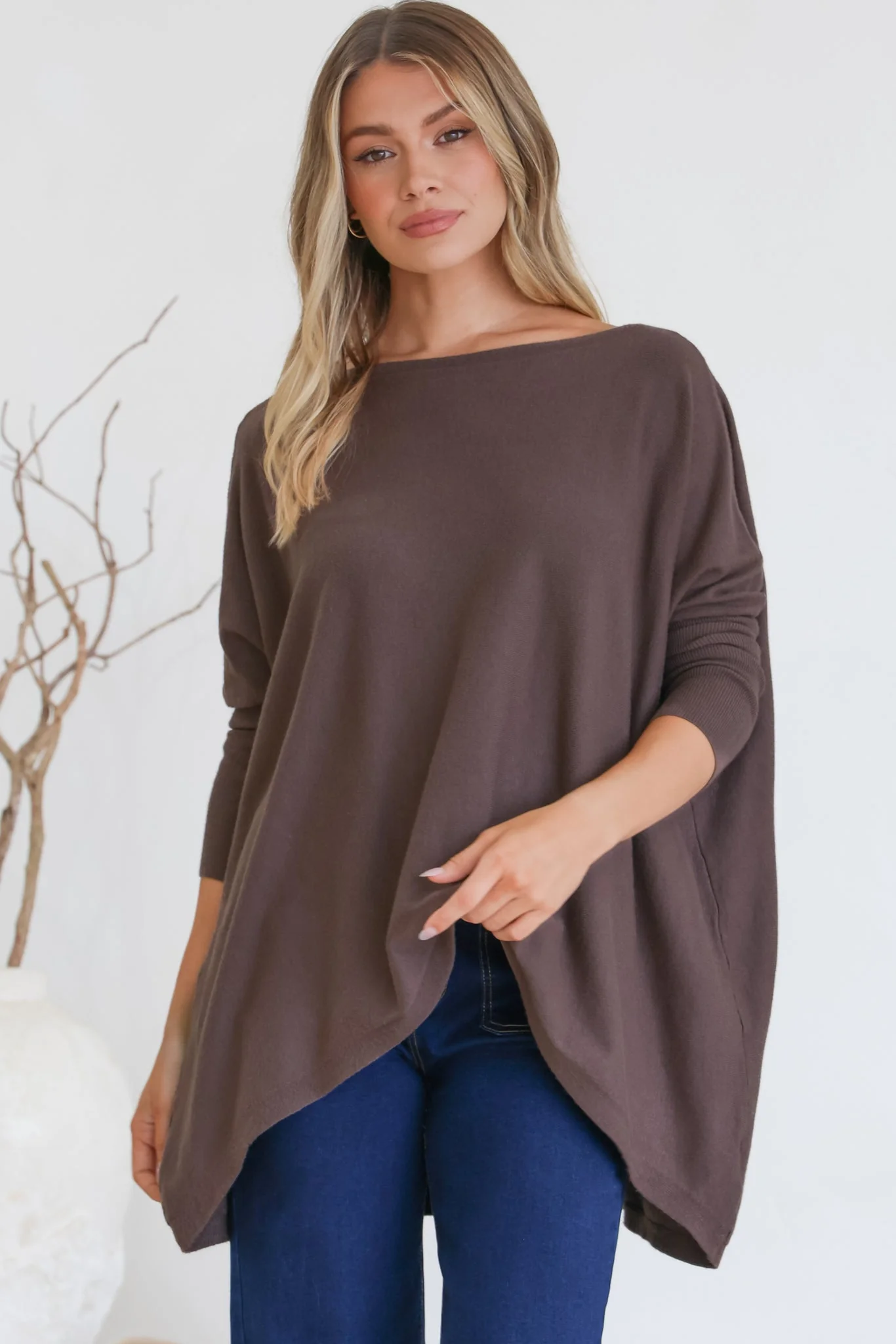 Belinda Knit Top - Boat Neckline Boxy Batwing Top in Chocolate - Image 6