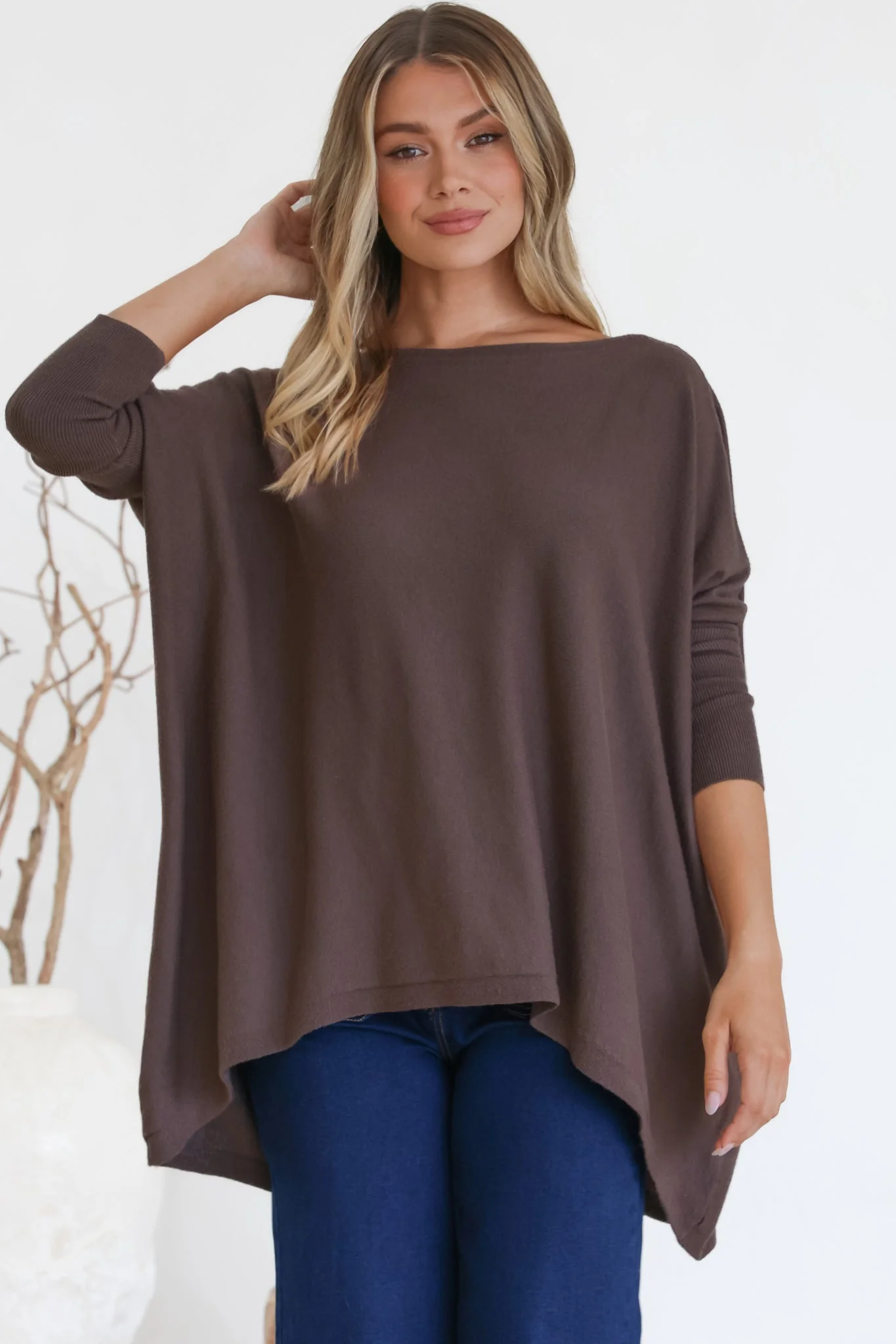 Belinda Knit Top - Boat Neckline Boxy Batwing Top in Chocolate - Image 7
