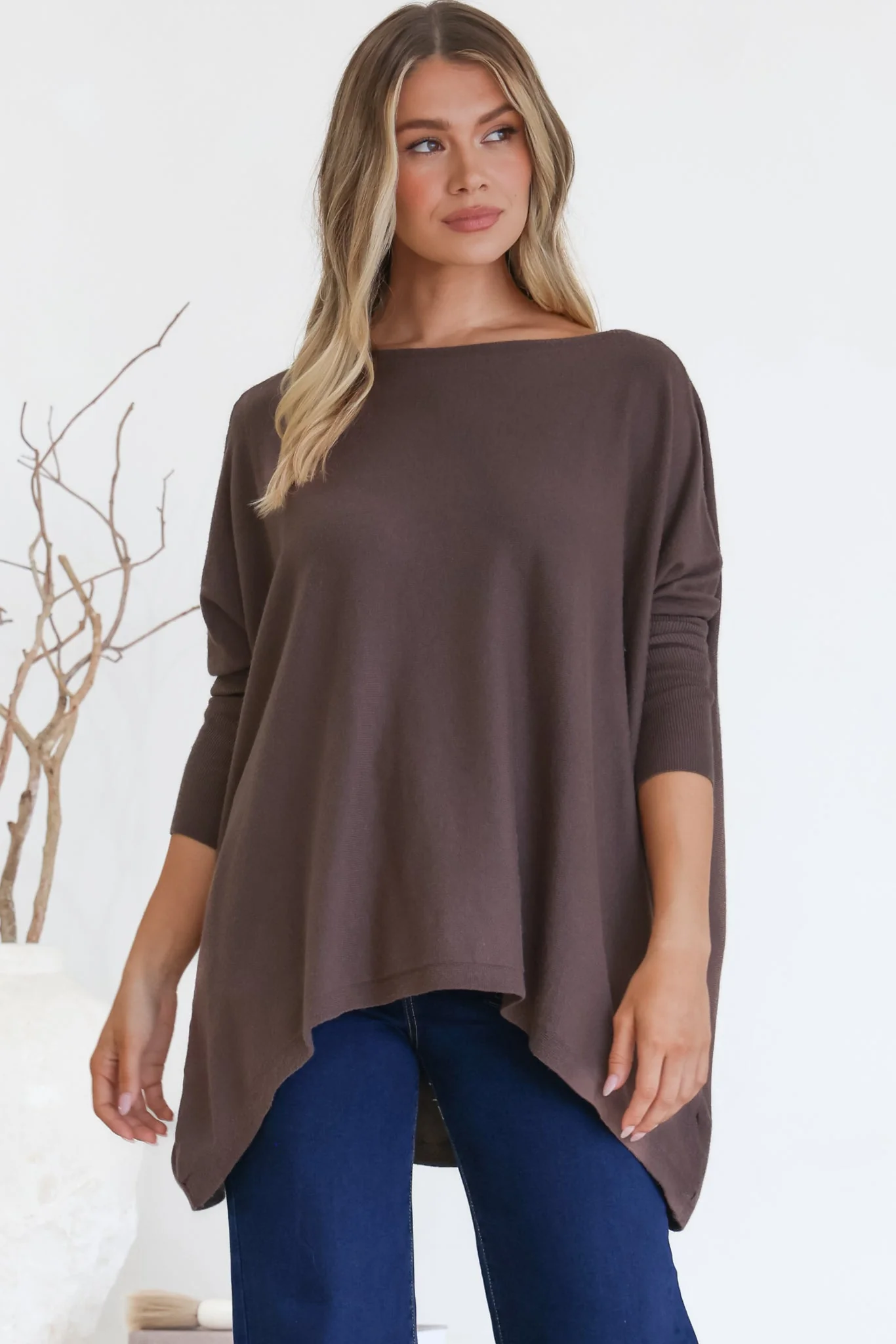 Belinda Knit Top - Boat Neckline Boxy Batwing Top in Chocolate - Image 8