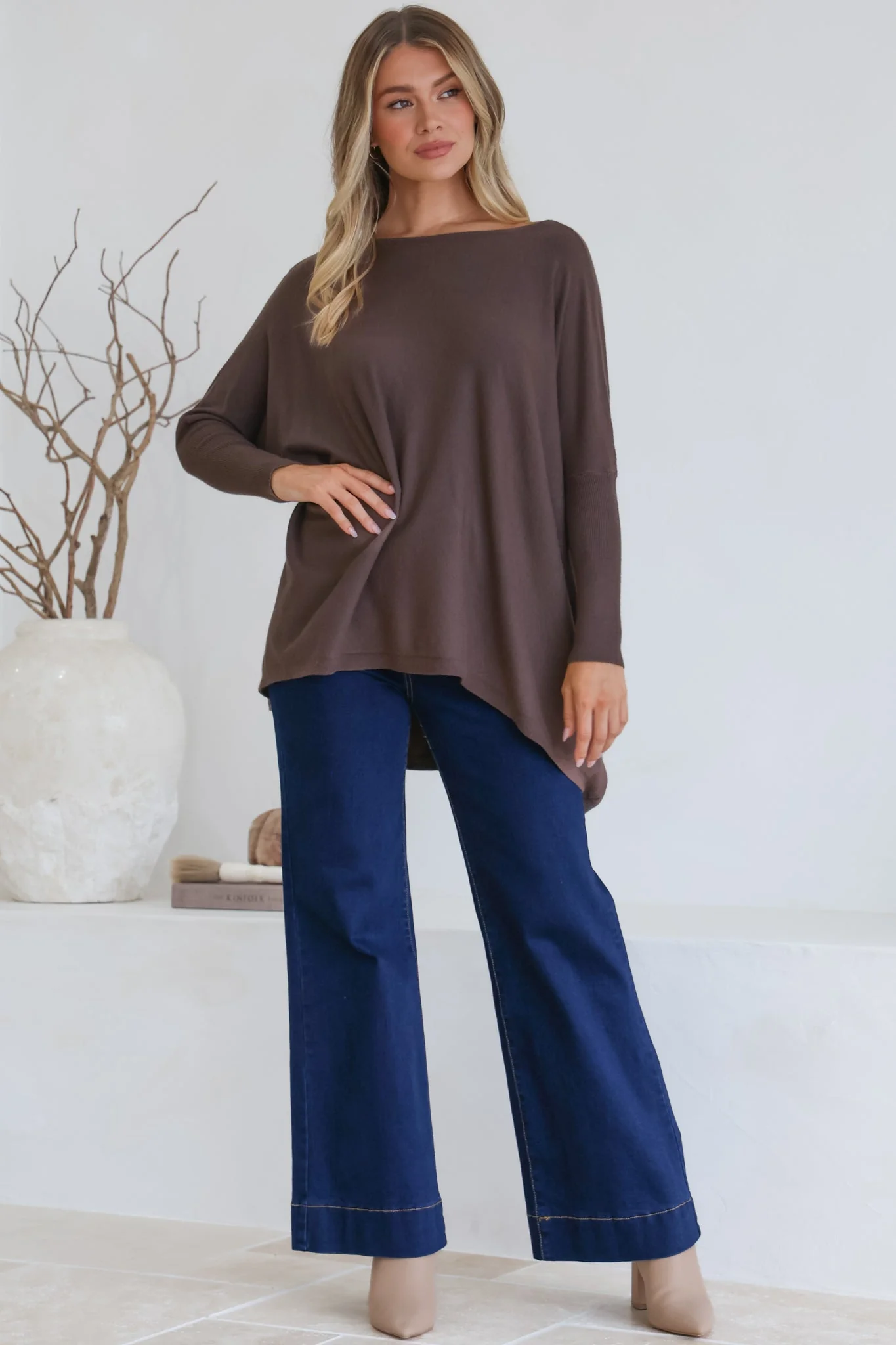 Belinda Knit Top - Boat Neckline Boxy Batwing Top in Chocolate - Image 9