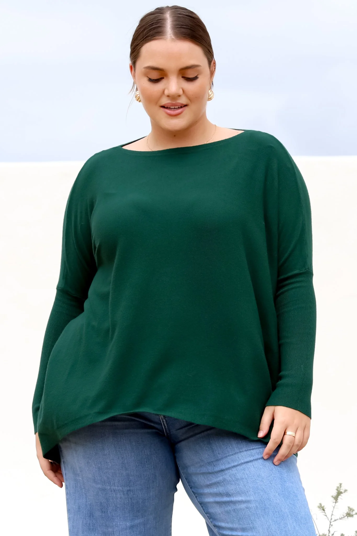 Belinda Knit Top - Boat Neckline Boxy Batwing Top in Dark Green - Image 10