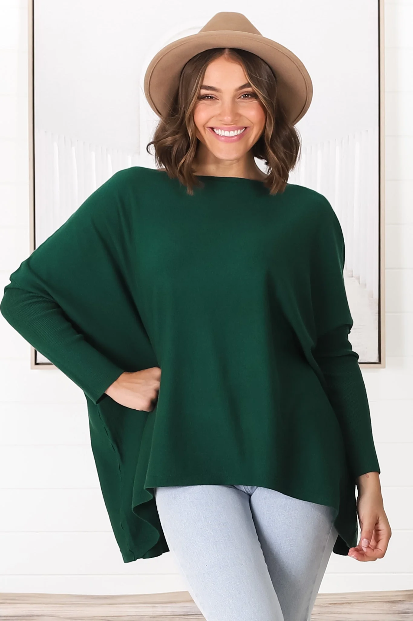 Belinda Knit Top - Boat Neckline Boxy Batwing Top in Dark Green - Image 11