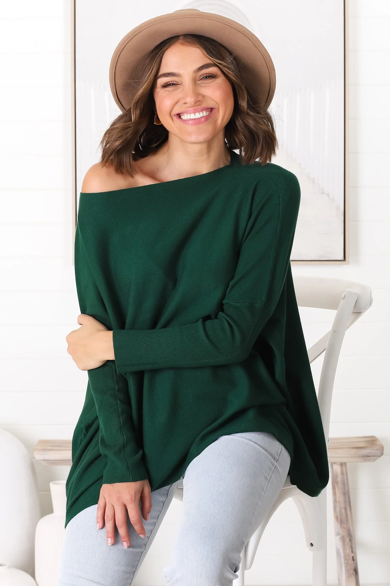 Belinda Knit Top - Boat Neckline Boxy Batwing Top in Dark Green - Image 12