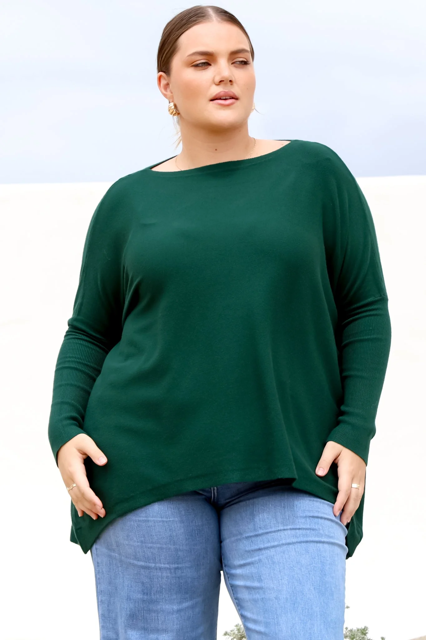 Belinda Knit Top - Boat Neckline Boxy Batwing Top in Dark Green - Image 13