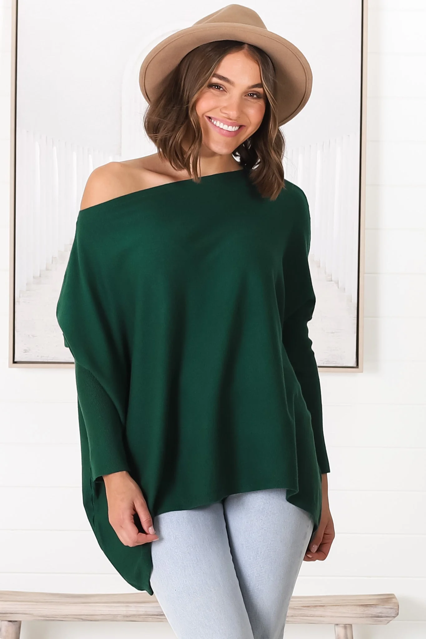 Belinda Knit Top - Boat Neckline Boxy Batwing Top in Dark Green - Image 14